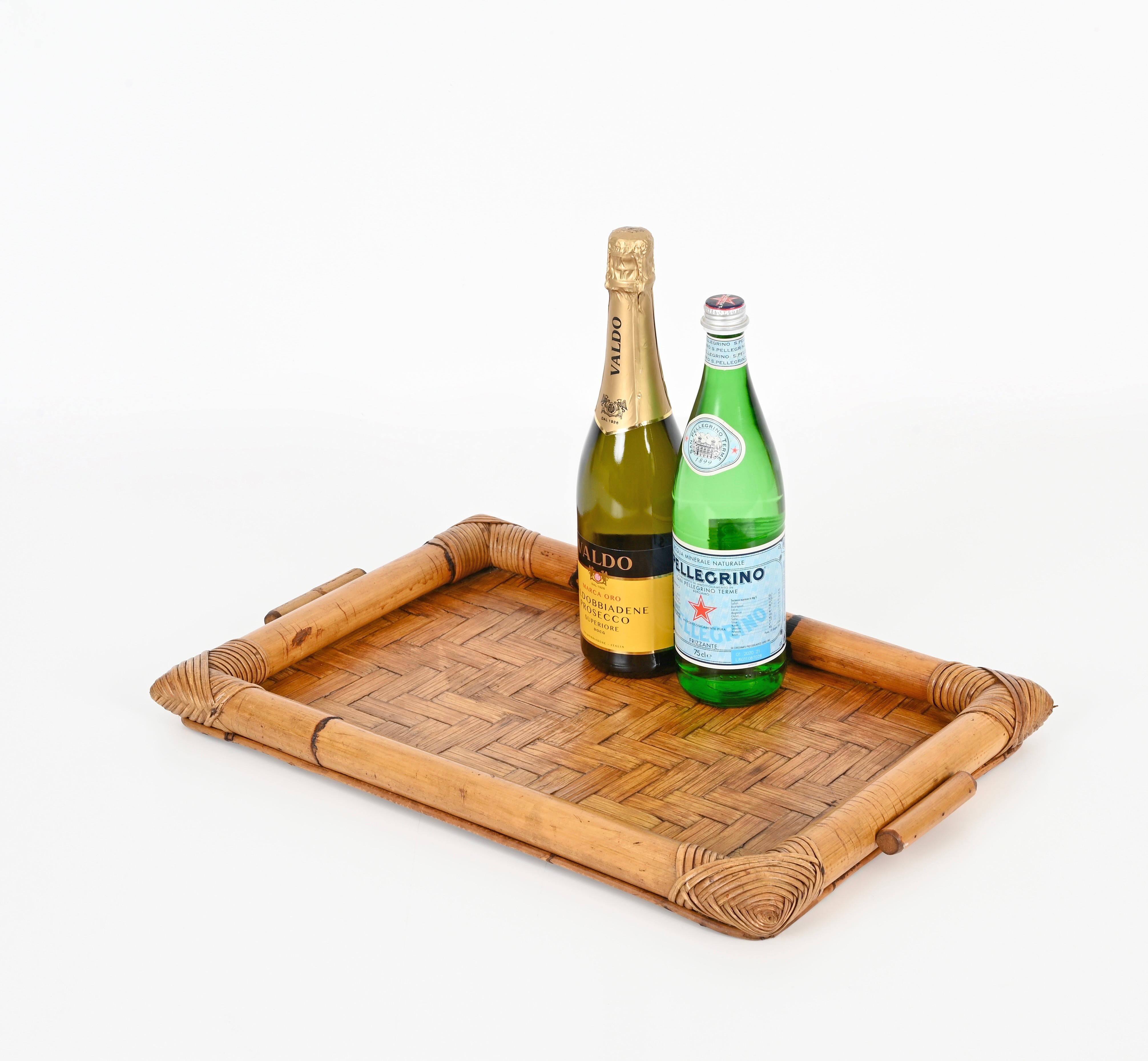 Hand-Crafted French Riviera Serving Tray in Rattan and Hand-Woven Wicker, Italy 1970s For Sale