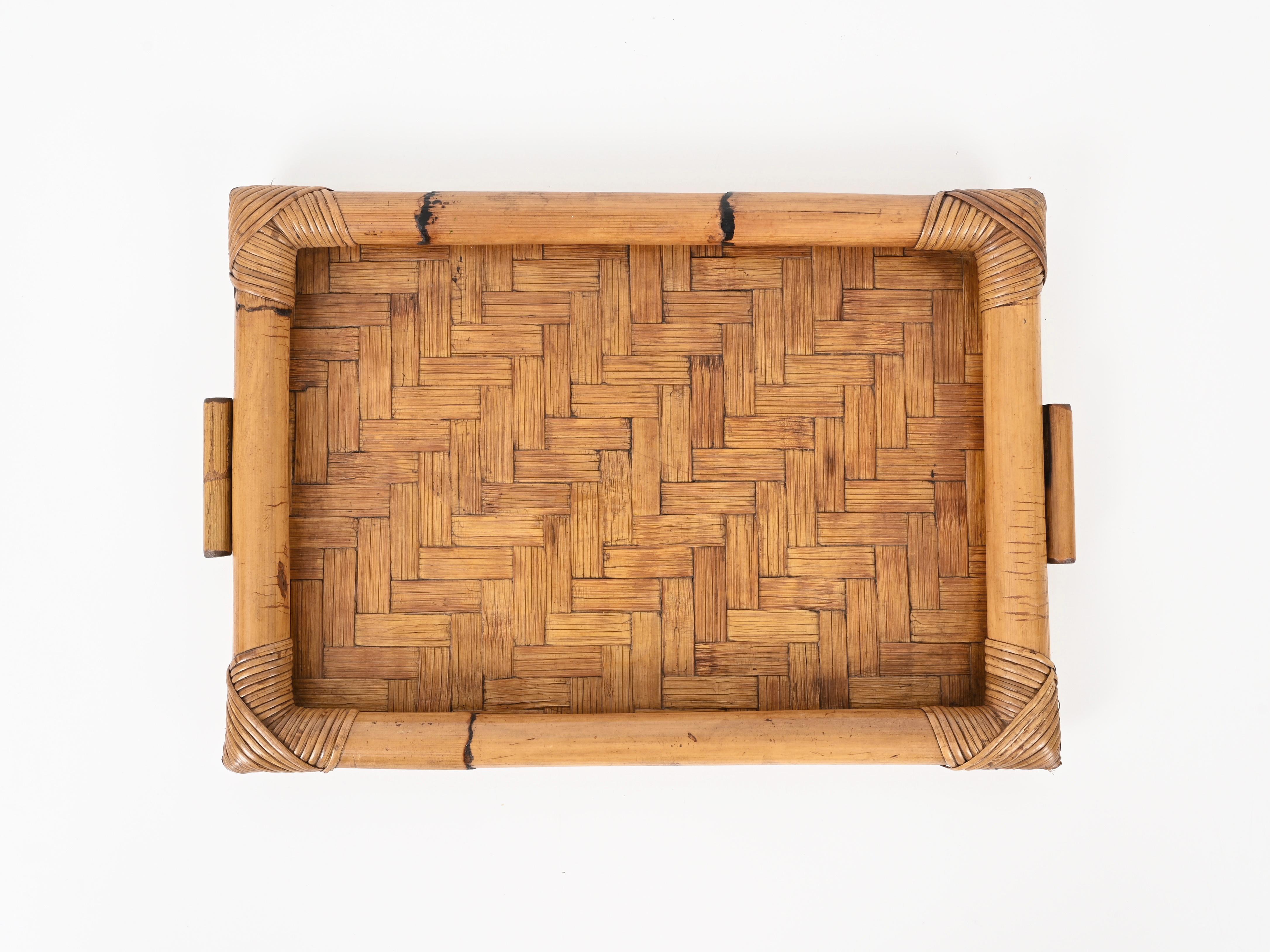 French Riviera Serving Tray in Rattan and Hand-Woven Wicker, Italy 1970s In Good Condition For Sale In Roma, IT