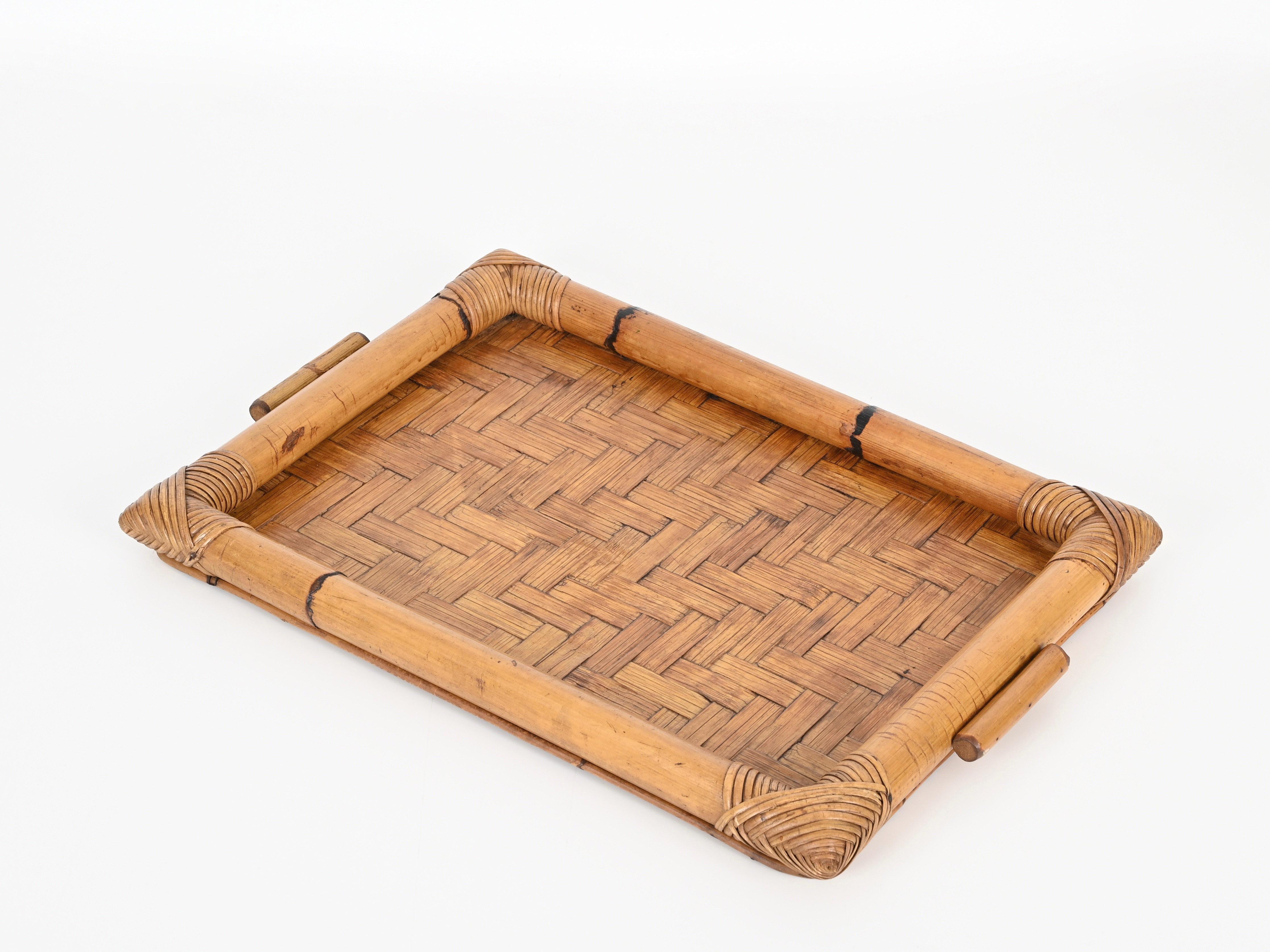 Bamboo French Riviera Serving Tray in Rattan and Hand-Woven Wicker, Italy 1970s For Sale