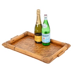 French Riviera Serving Tray in Rattan and Hand-Woven Wicker, Italy 1970s