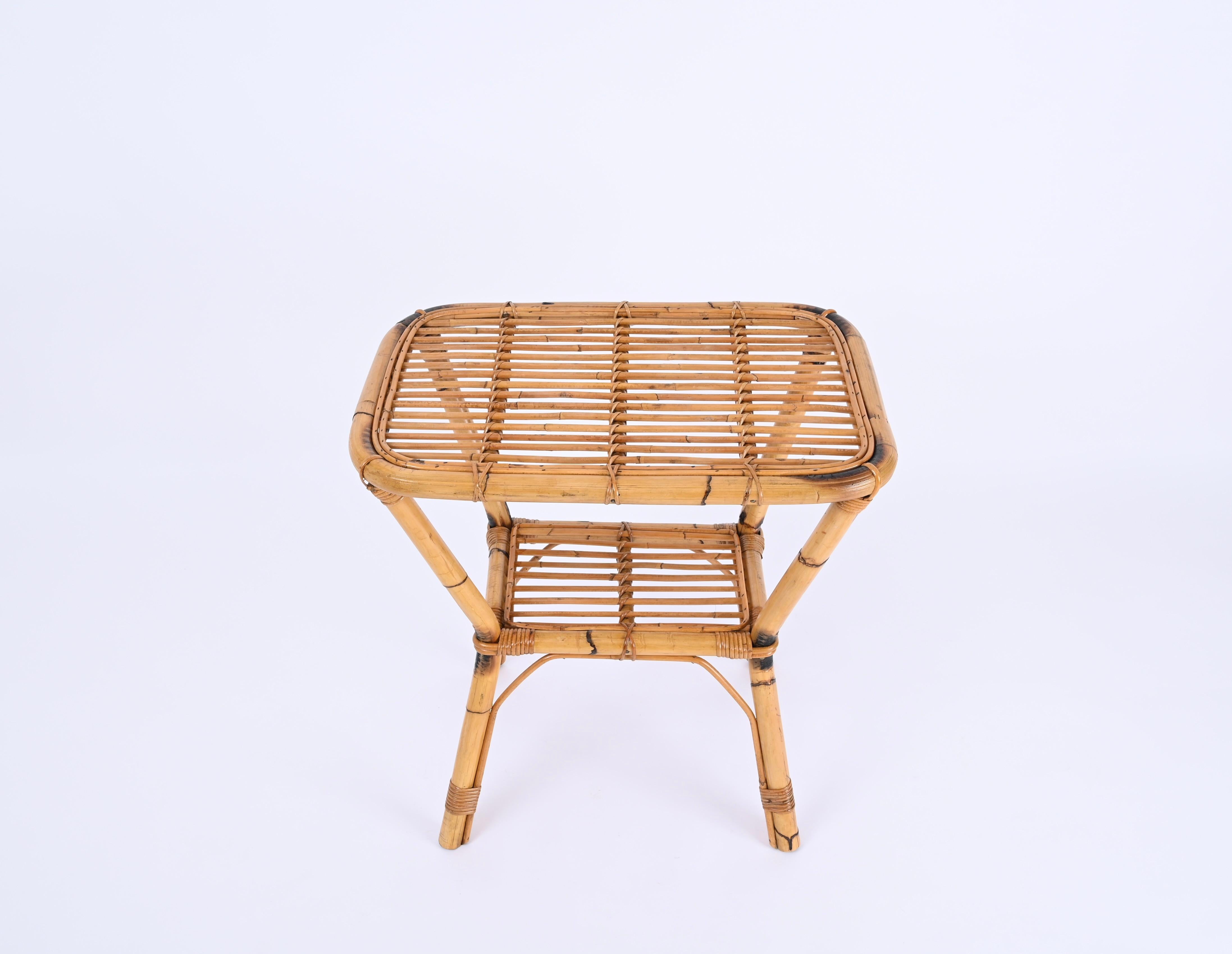 Mid-Century Modern French Riviera Side or Coffee Table in Rattan, Bamboo and Wicker, Italy 1960s For Sale