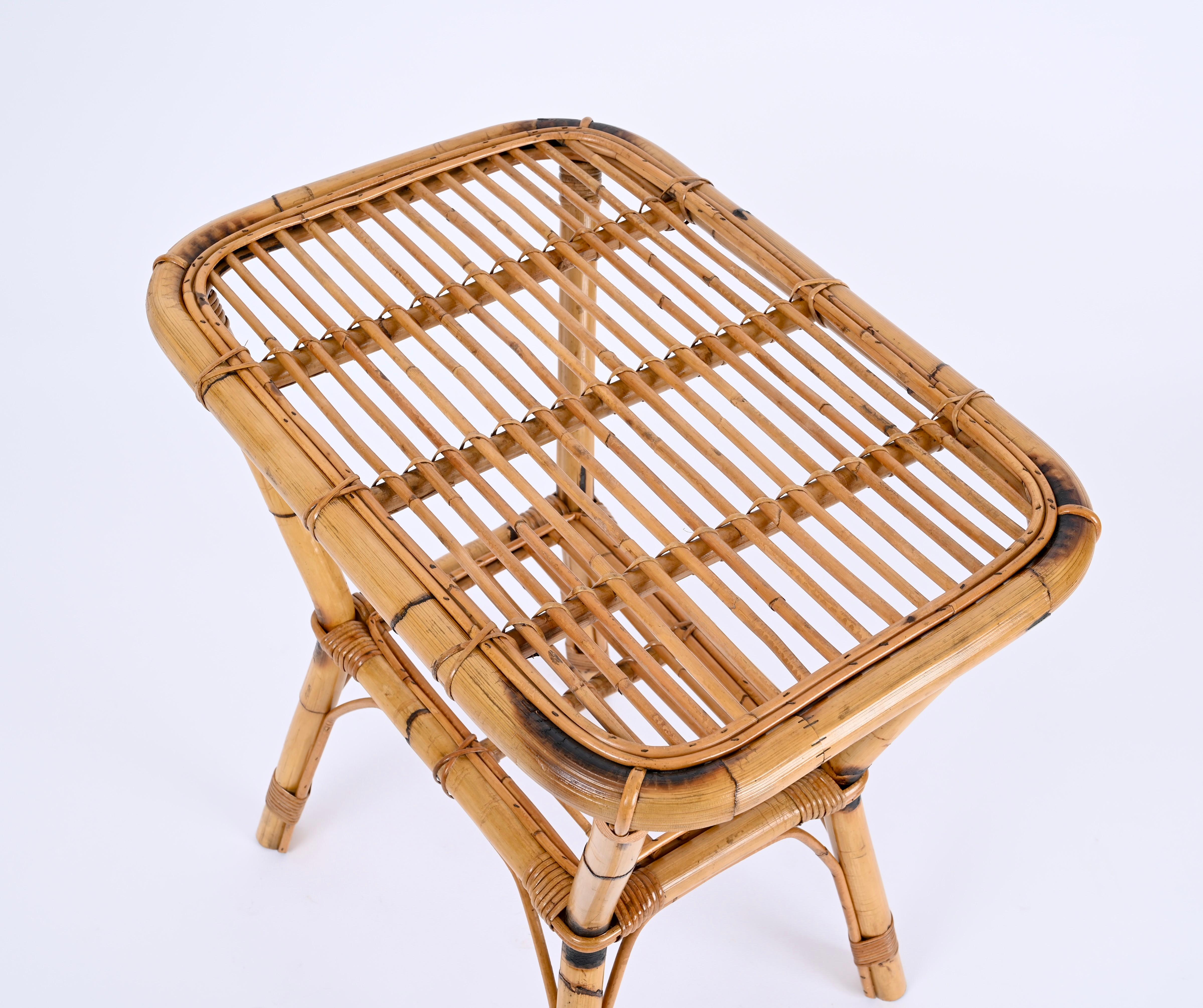 Hand-Woven French Riviera Side or Coffee Table in Rattan, Bamboo and Wicker, Italy 1960s For Sale