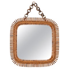 French Riviera Square Mirror in Bamboo, Rattan and Wicker, Italy 1960s