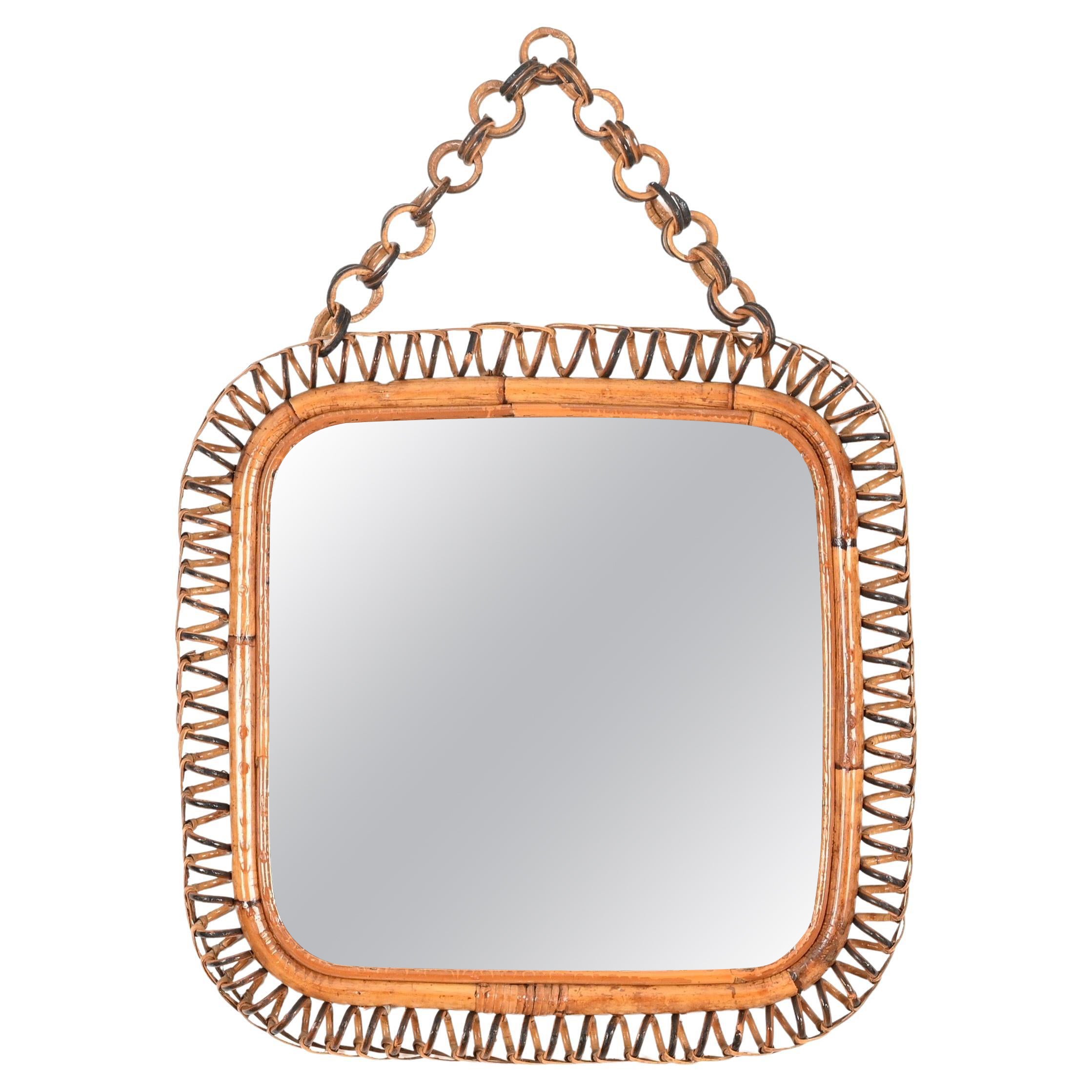French Riviera Square Mirror in Spiral Rattan, Wicker and Bamboo, Italy 1960s