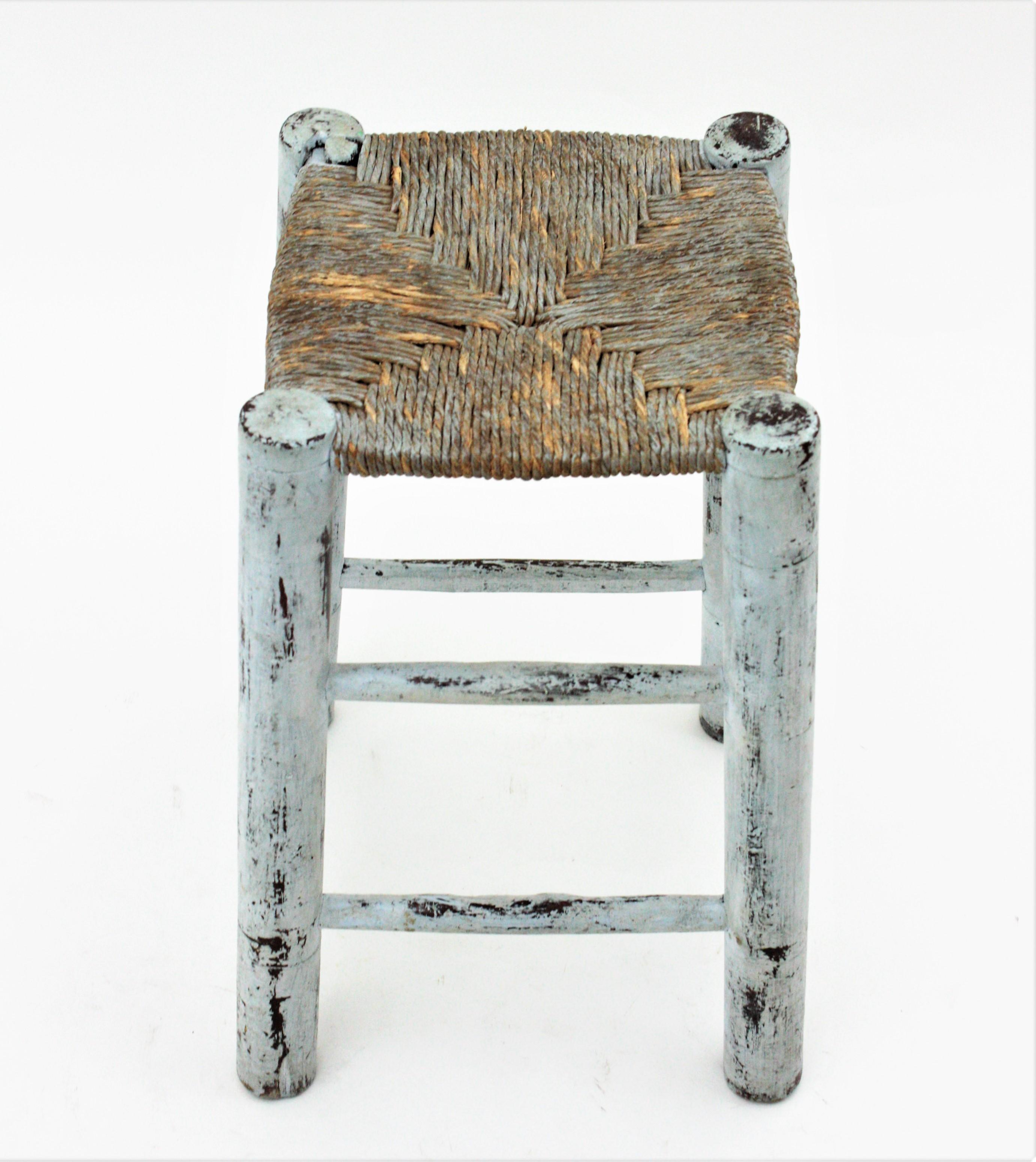 20th Century French Riviera Stool in Blue Patina, Wood and Rope For Sale