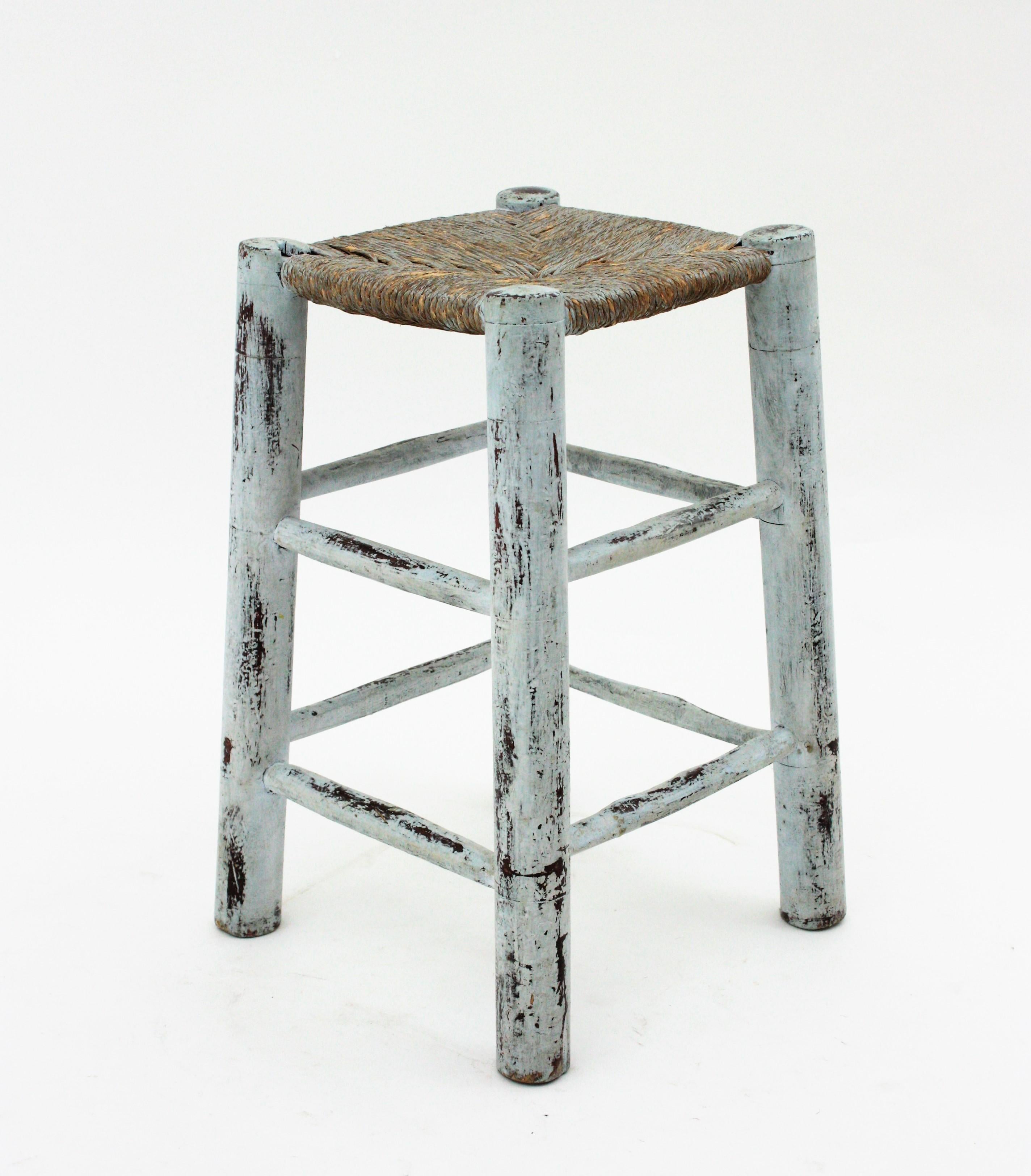 French Riviera Stool in Blue Patina, Wood and Rope For Sale 1