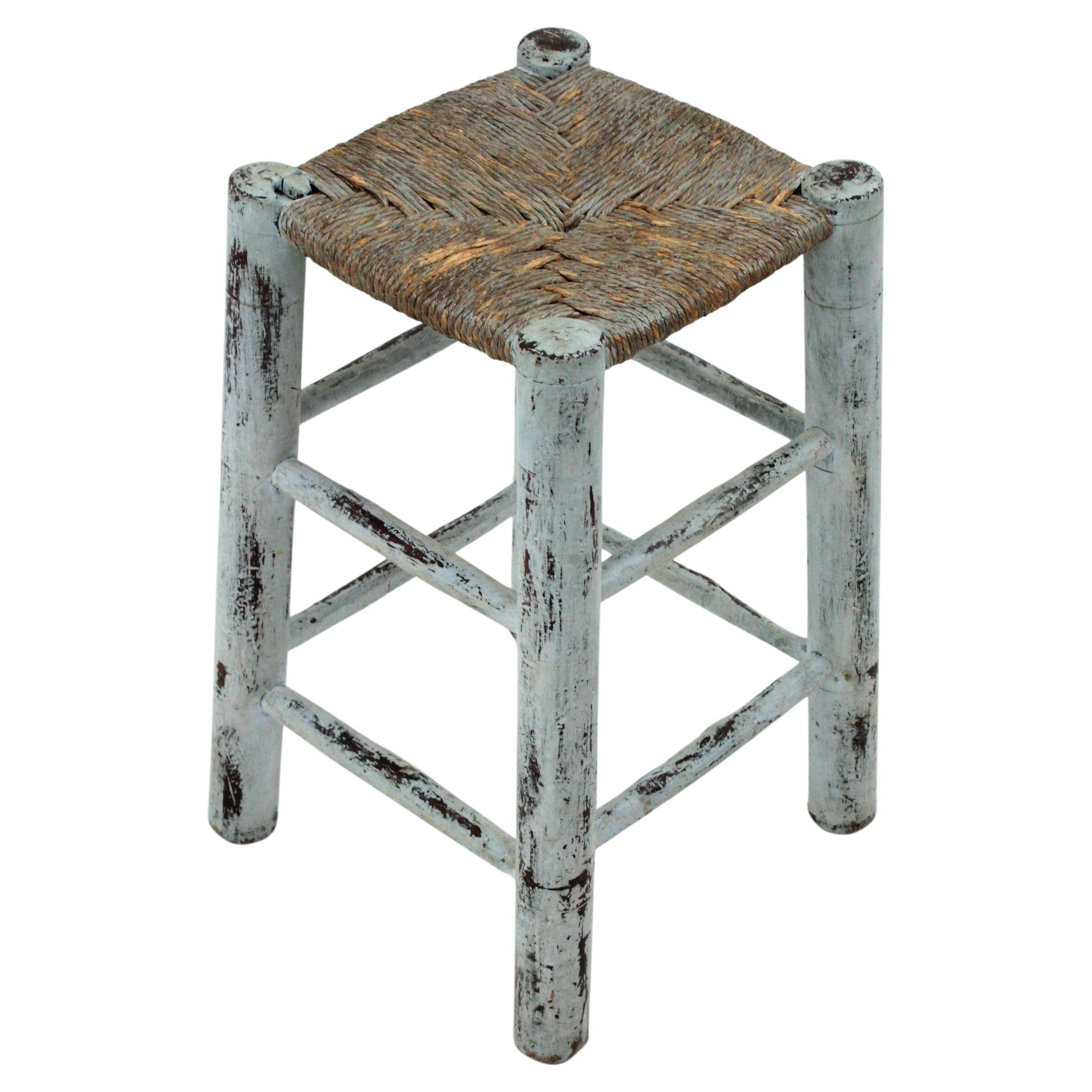 French Riviera Stool in Blue Patina, Wood and Rope For Sale