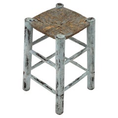 French Riviera Stool in Blue Patina, Wood and Rope
