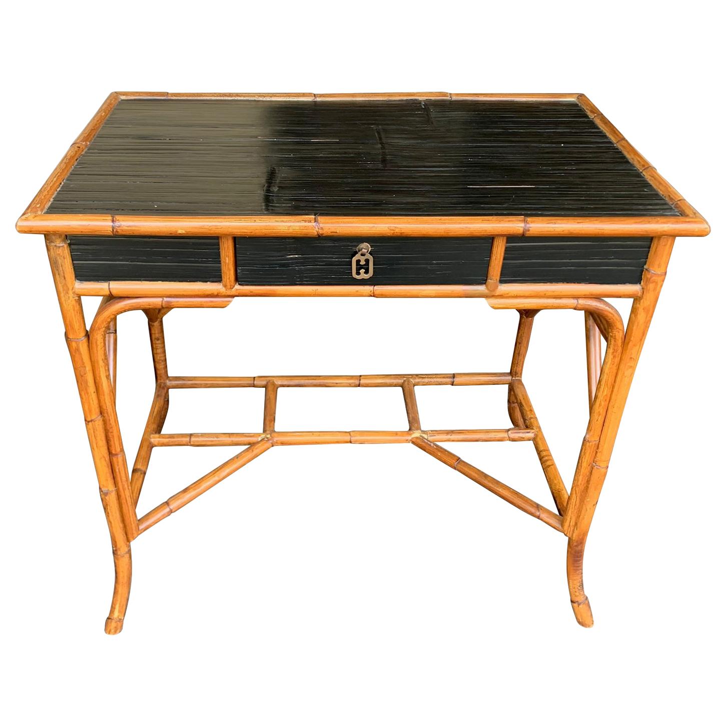 French Riviera Style Bamboo and Rattan Desk with Single Drawer