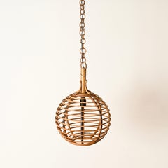 Suspension ronde en rotin et bambou, style Côte d'Azur, avec chaîne, Italie, années 1960