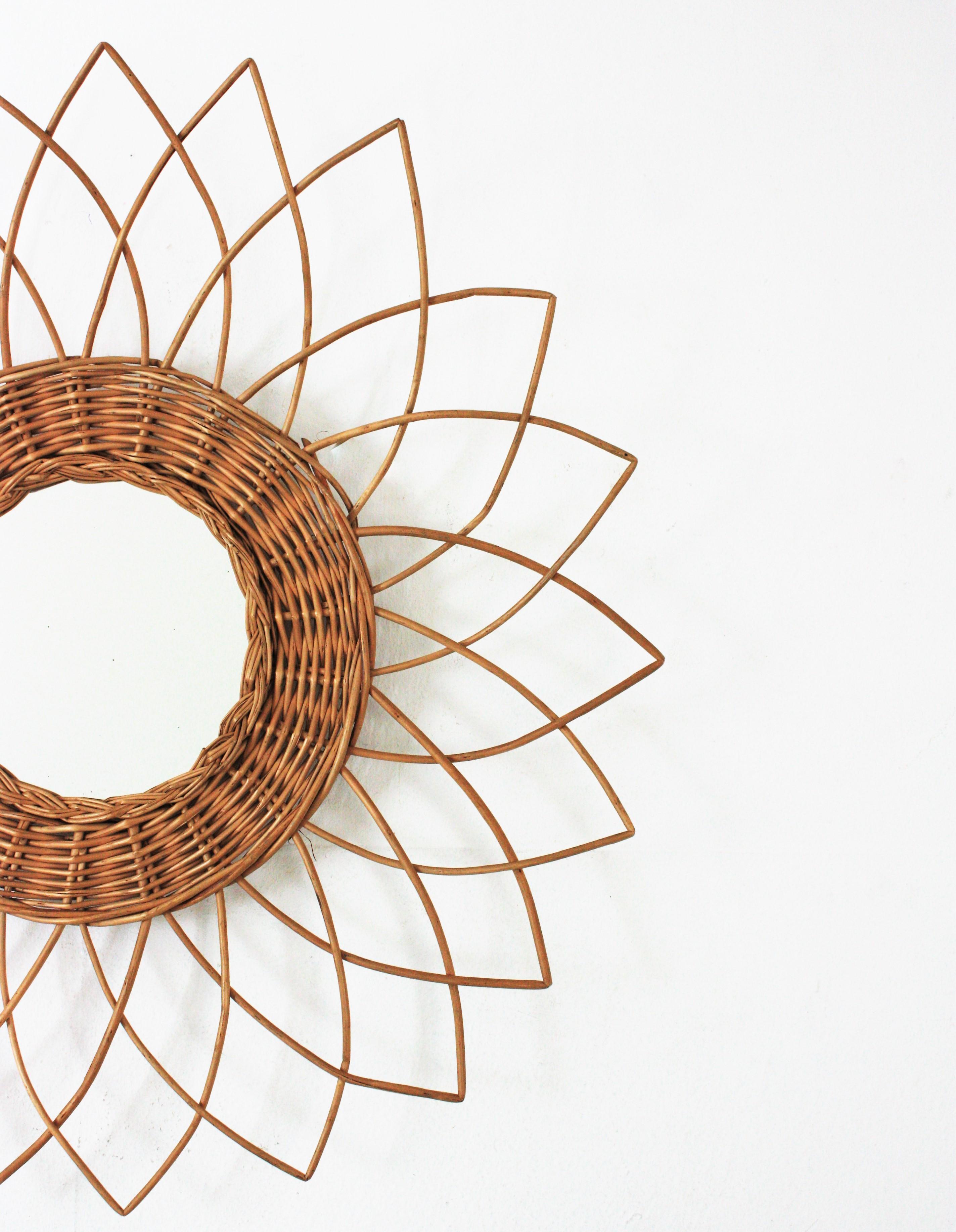 Hand-Crafted French Sunburst Flower Mirror in Rattan, 1960s