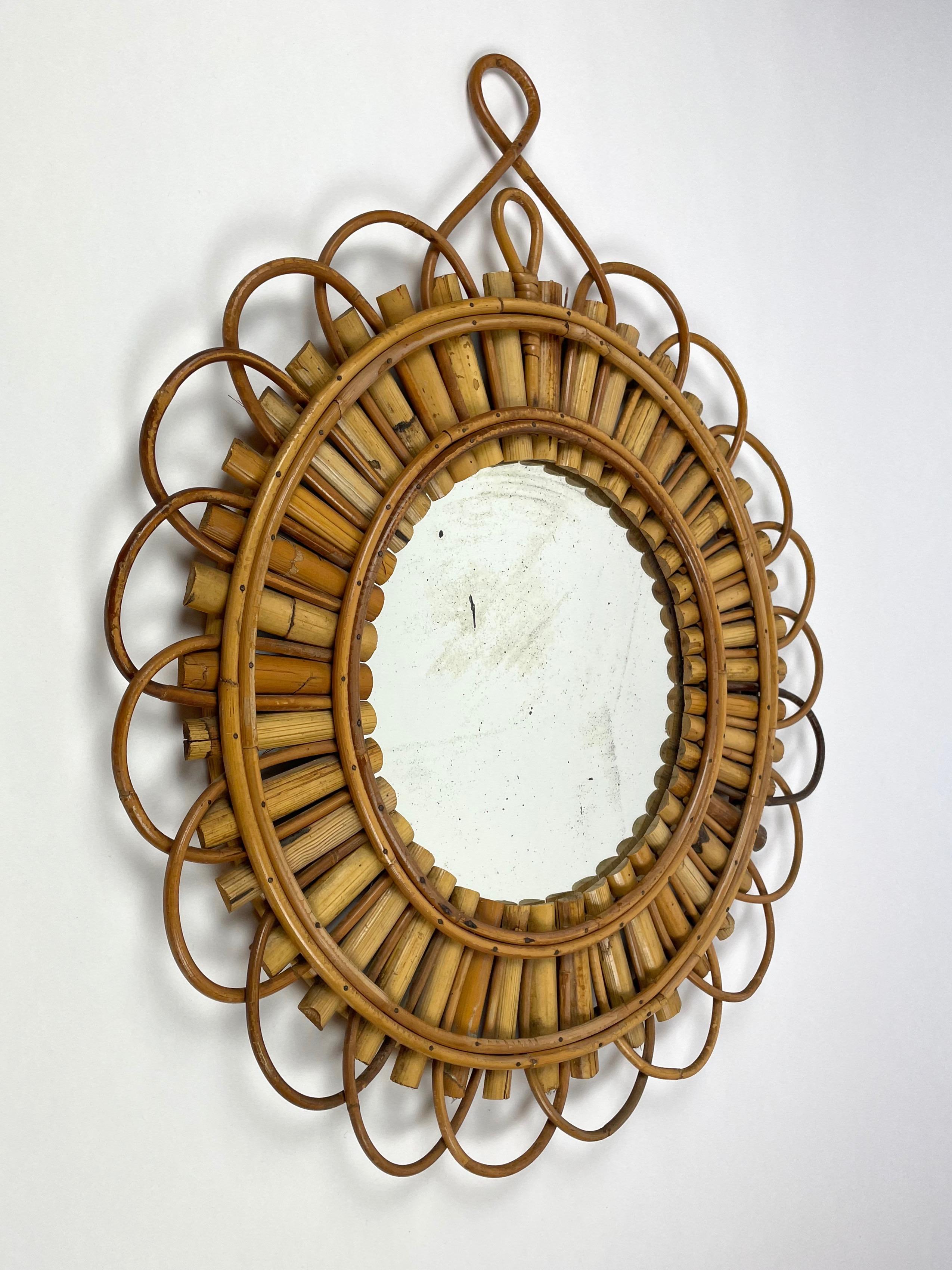 French Riviera Sunburst Wall Mirror Rattan Bamboo, 1960s In Good Condition In Rome, IT