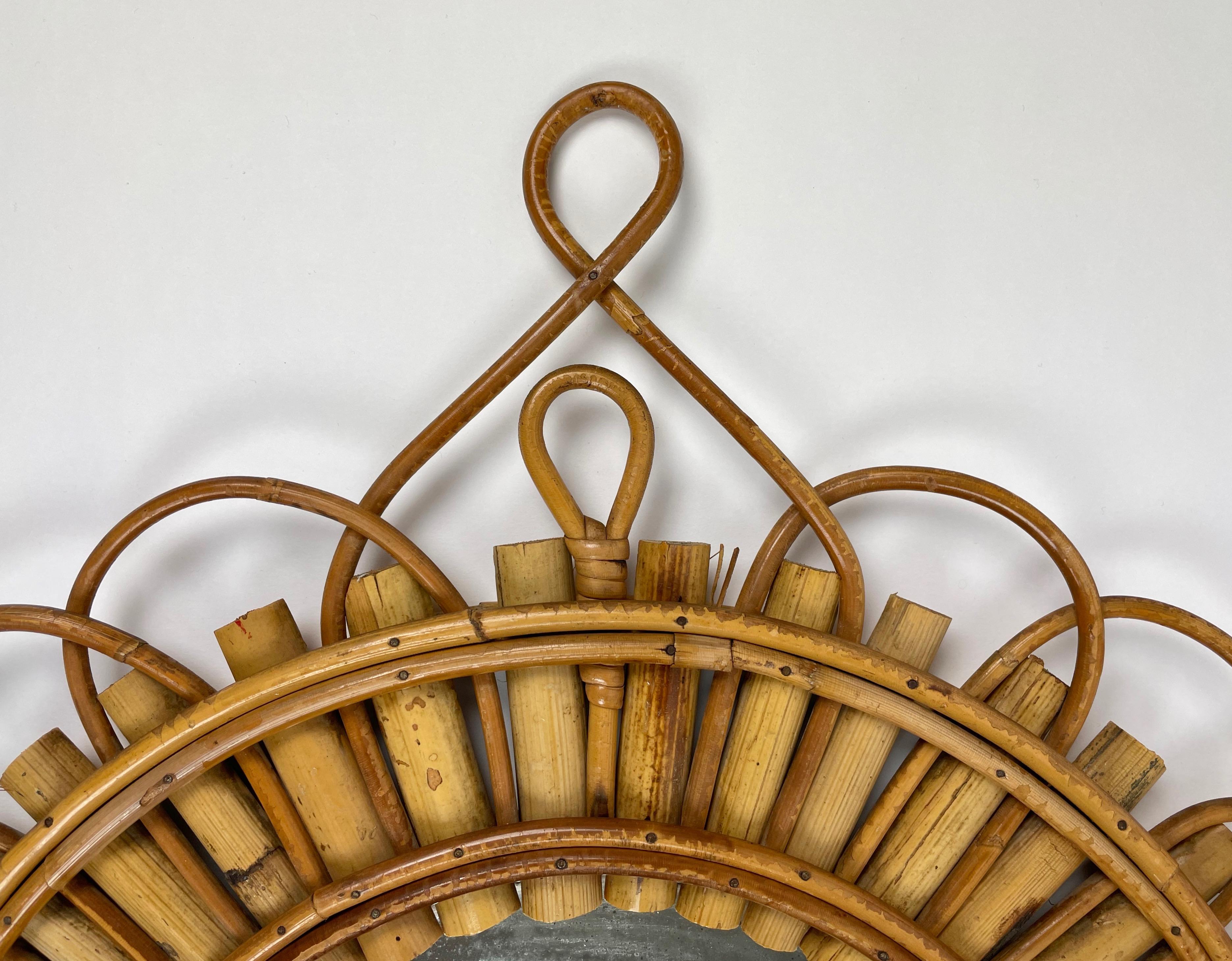 French Riviera Sunburst Wall Mirror Rattan Bamboo, 1960s 3