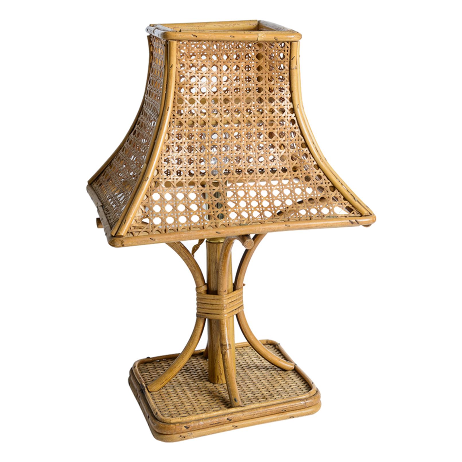 Just is this petite French Riviera Table lamp, 1950s
Made with Bamboo and Rattan (Rotin in French) and with this wonderful Vienna Straw for the shade.
Very delicate and quite charming.
Recently rewired to US standards.
Very good antique condition,