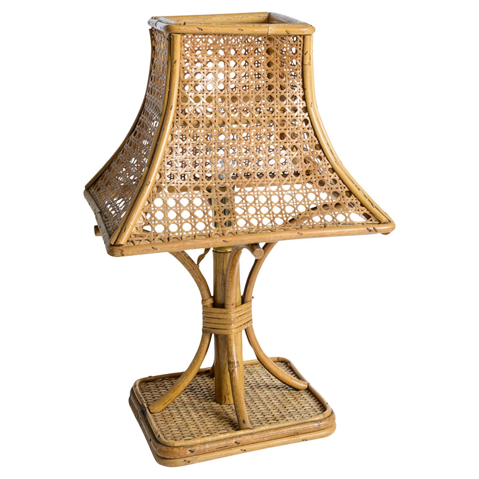 French Riviera Table Lamp With Rattan & Vienna Straw Lamp Shade, 1950s For Sale