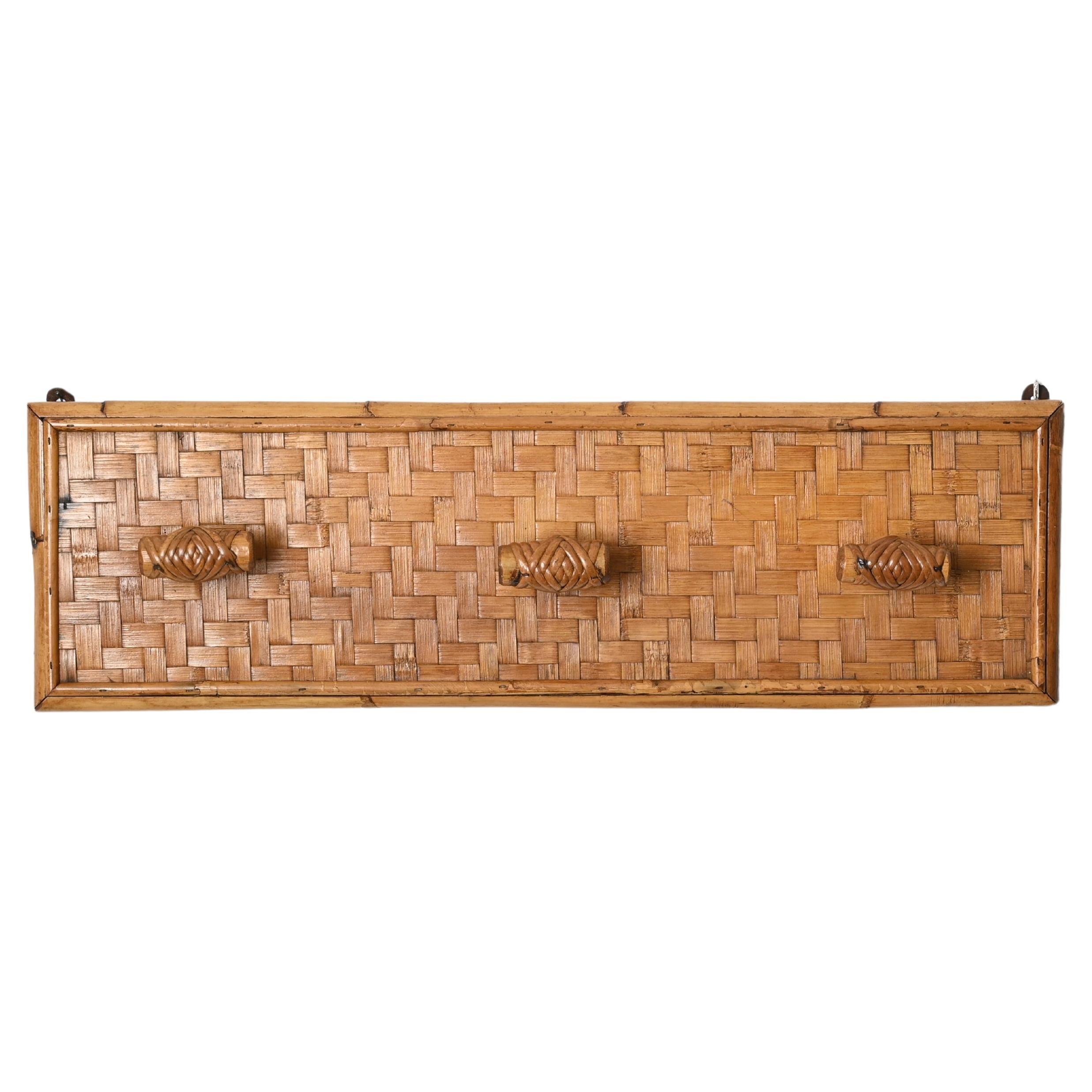 French Riviera Three Hook Coat Rack in Wicker, Rattan and Bamboo, Italy 1960s