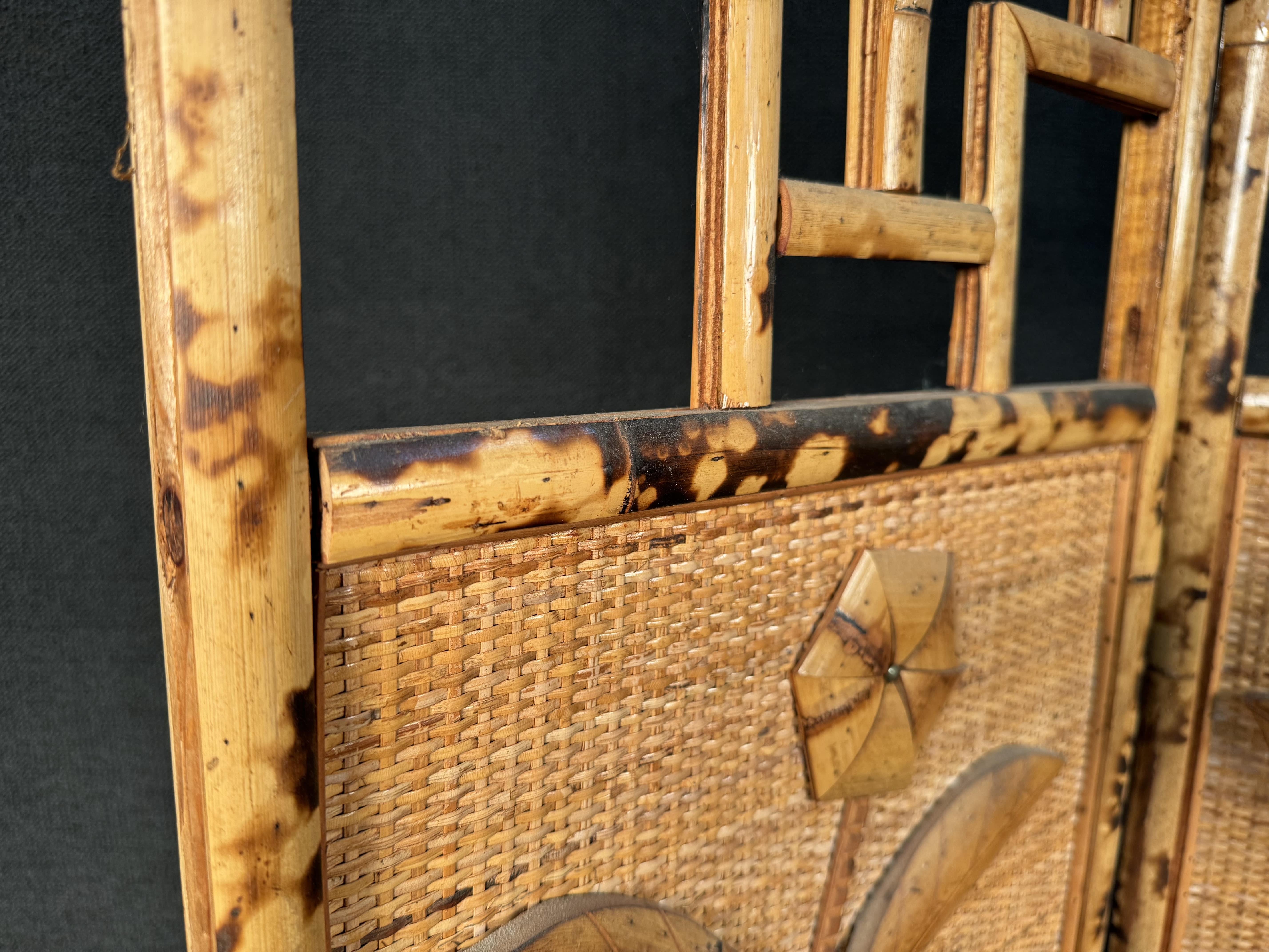 French Riviera Three Paneled Rattan & Bamboo Divider For Sale 5