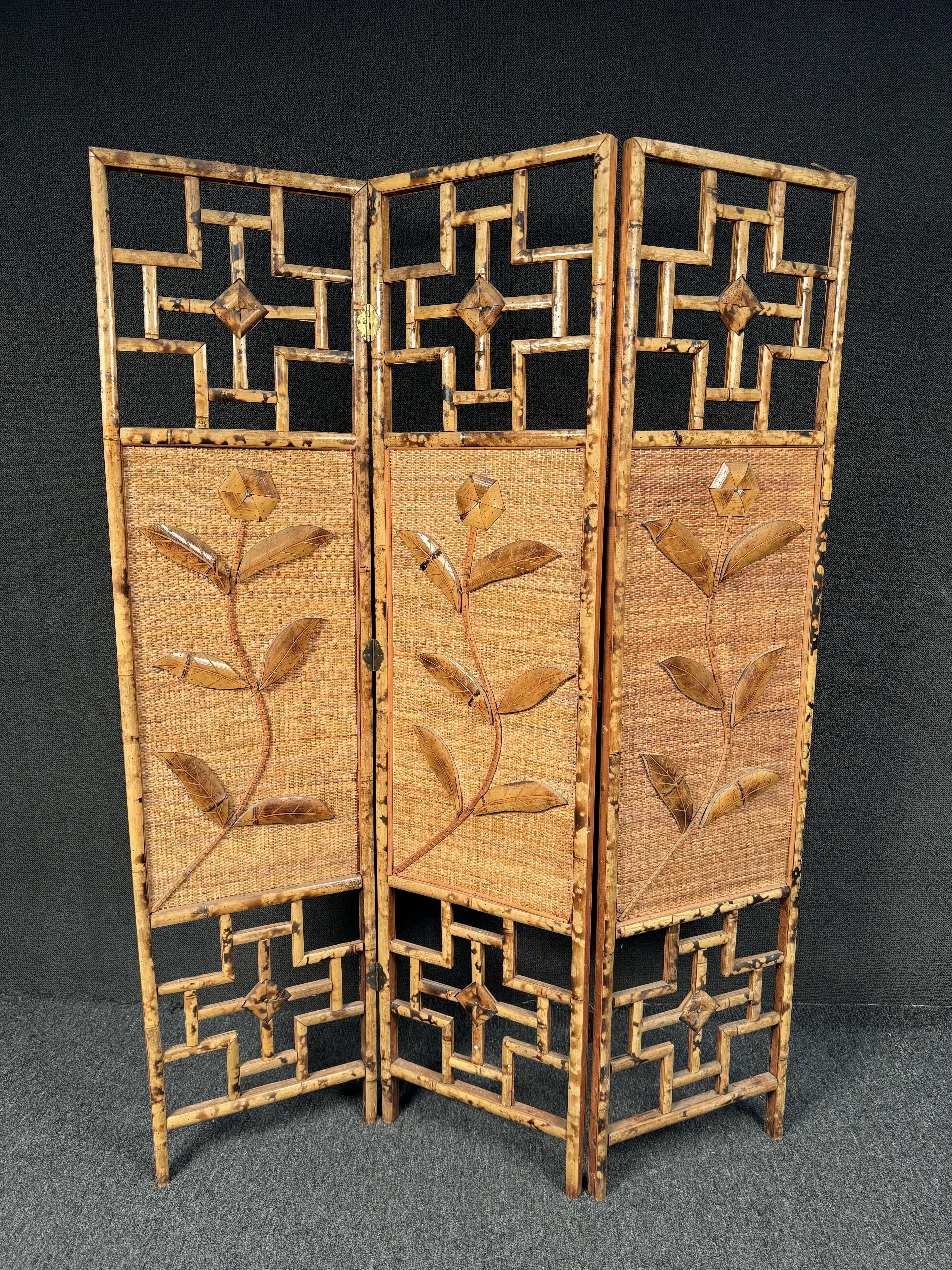 French Riviera Three Paneled Rattan & Bamboo Divider For Sale 6