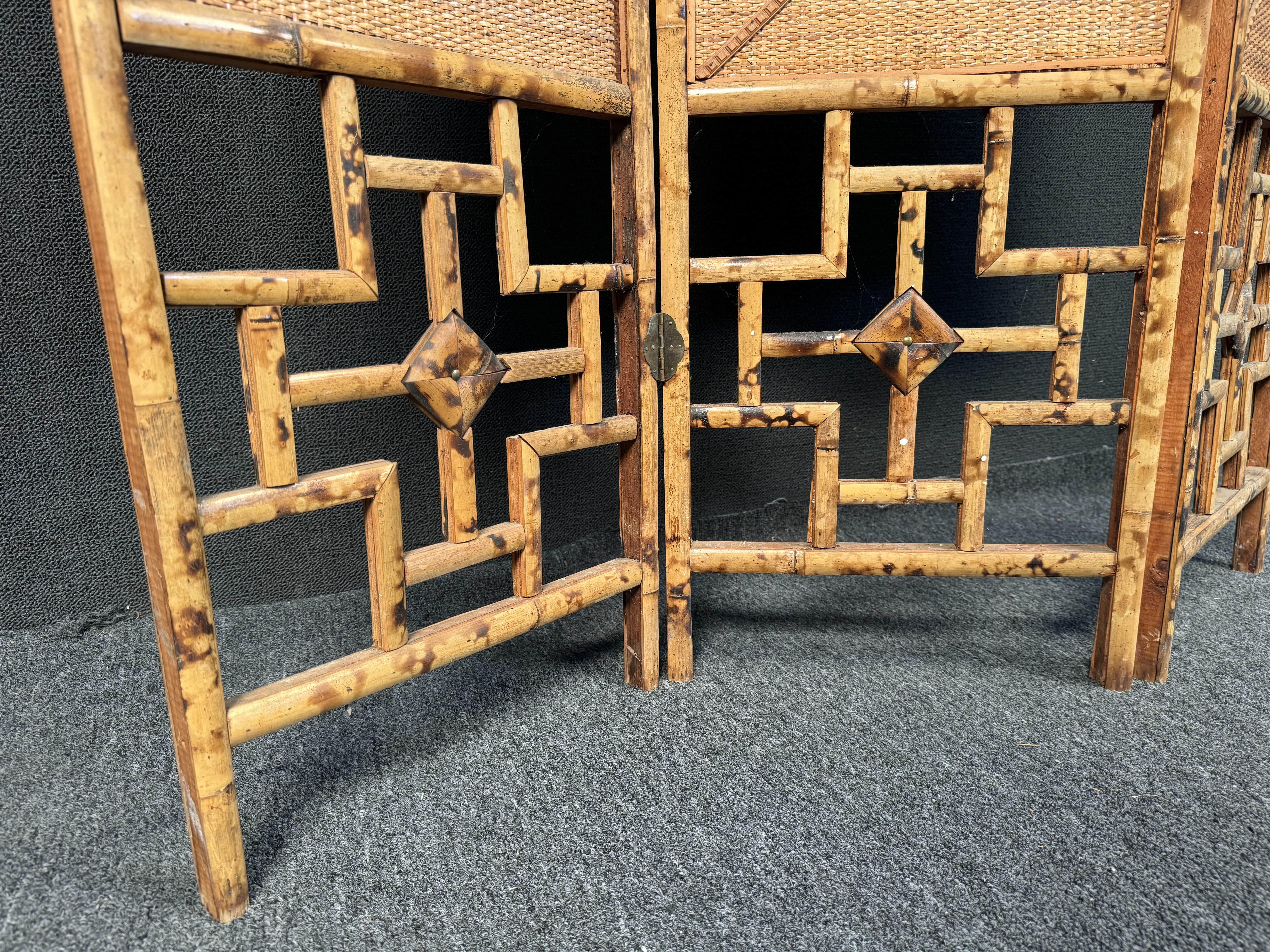 French Riviera Three Paneled Rattan & Bamboo Divider For Sale 9