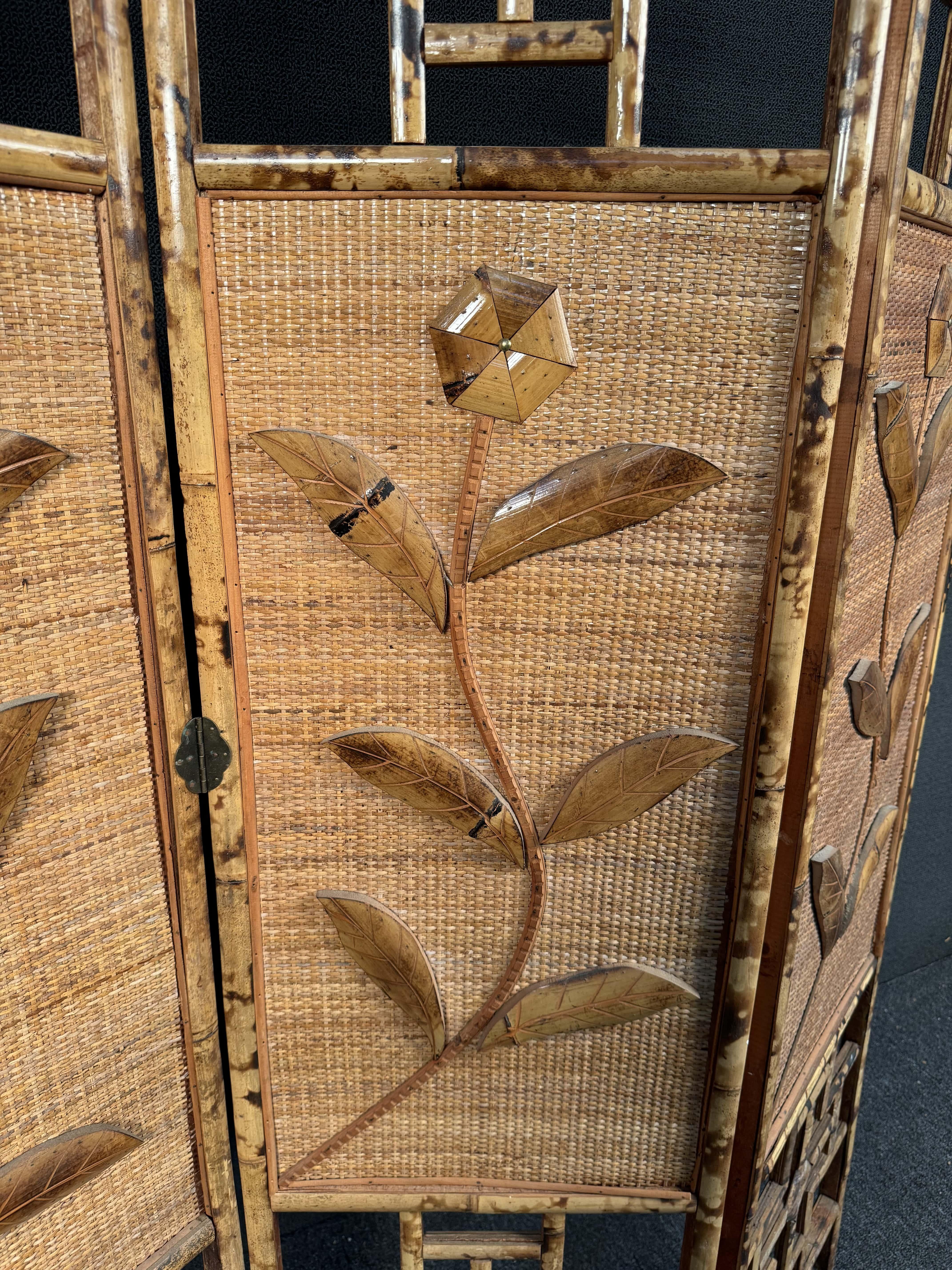 French Riviera Three Paneled Rattan & Bamboo Divider For Sale 10