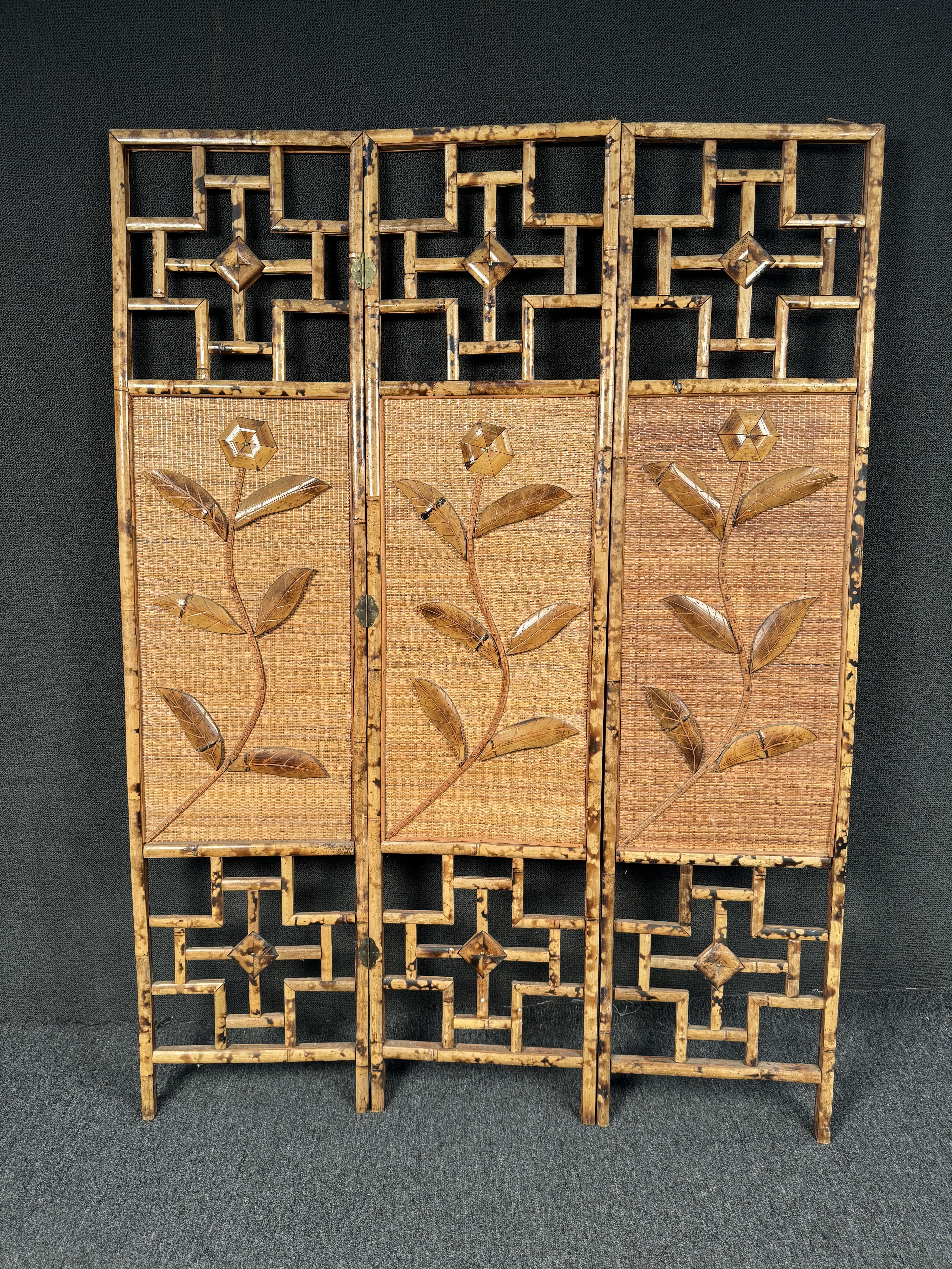 French Riviera Three Paneled Rattan & Bamboo Divider For Sale 12