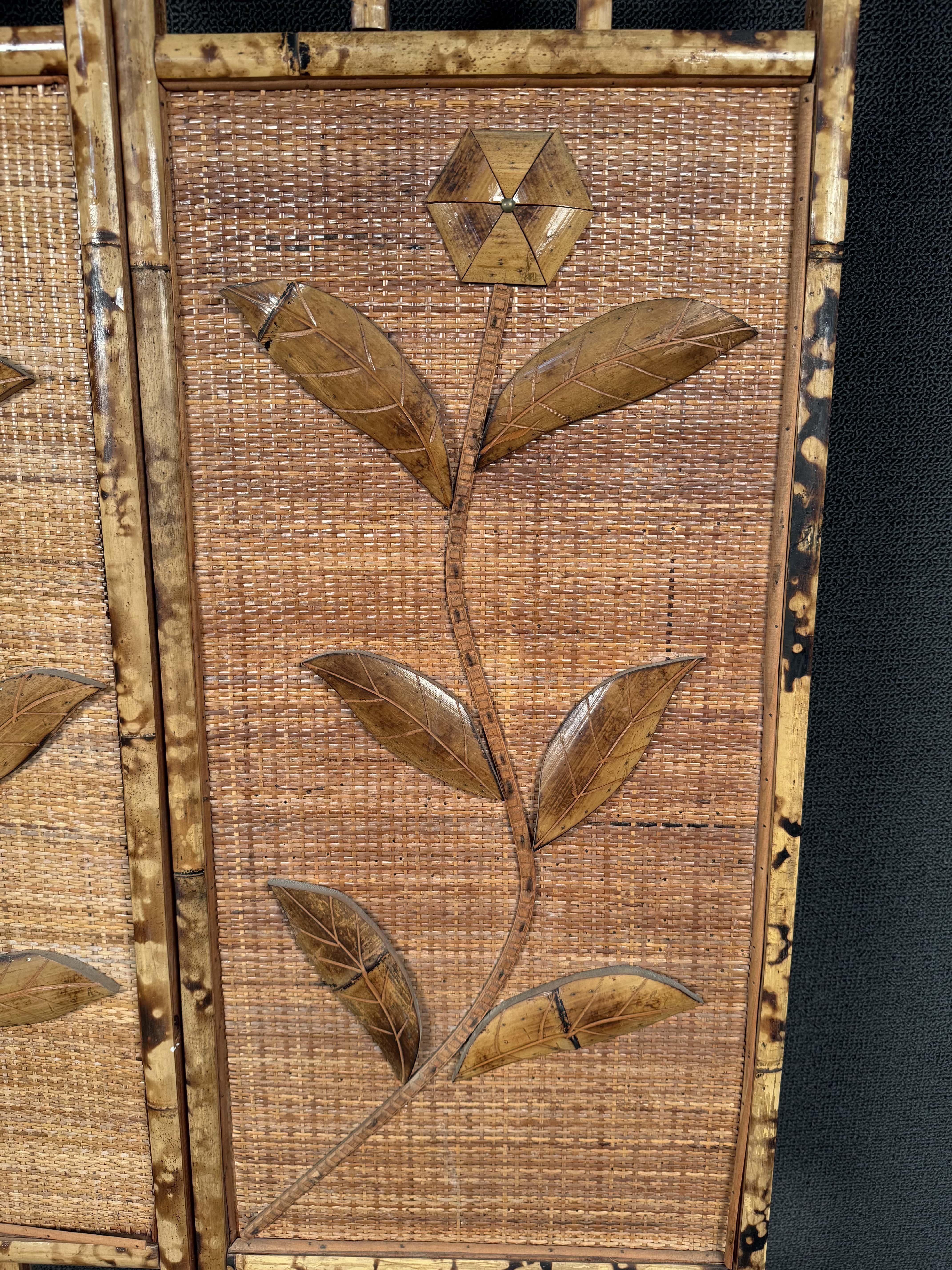 French Riviera Three Paneled Rattan & Bamboo Divider For Sale 13