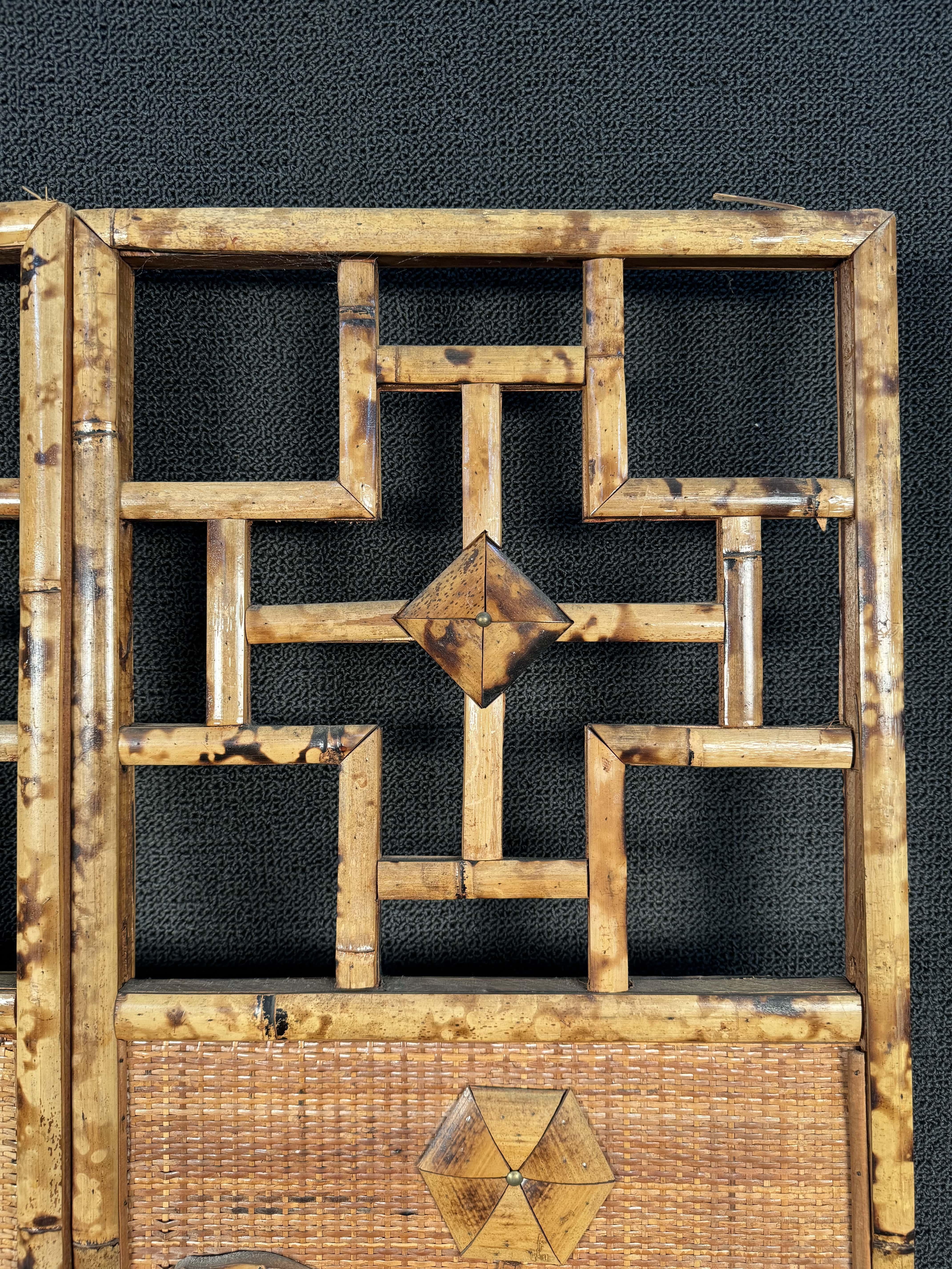 French Riviera Three Paneled Rattan & Bamboo Divider For Sale 14