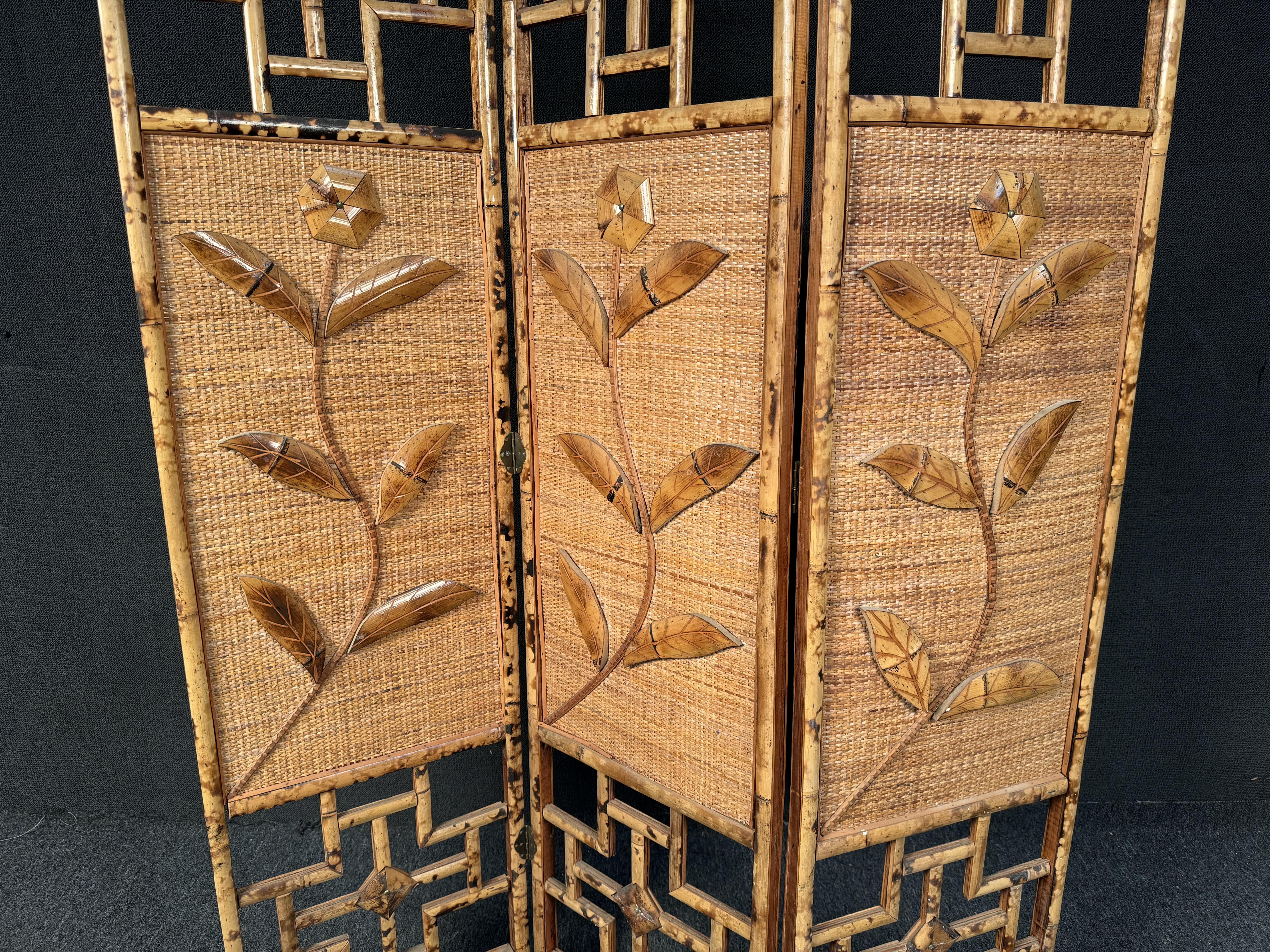 Mid-Century Modern French Riviera Three Paneled Rattan & Bamboo Divider For Sale