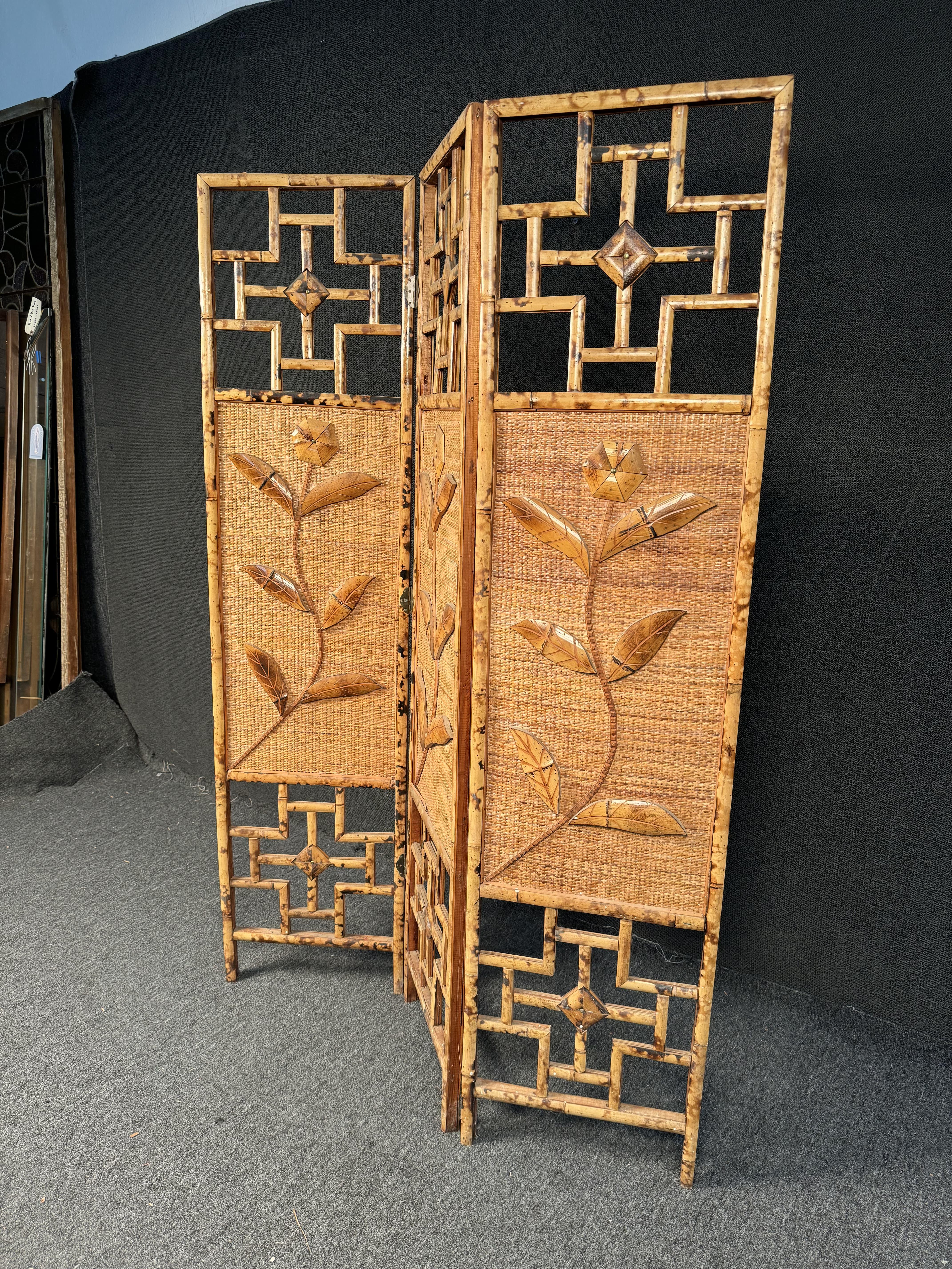 French Riviera Three Paneled Rattan & Bamboo Divider In Good Condition For Sale In Brooklyn, NY