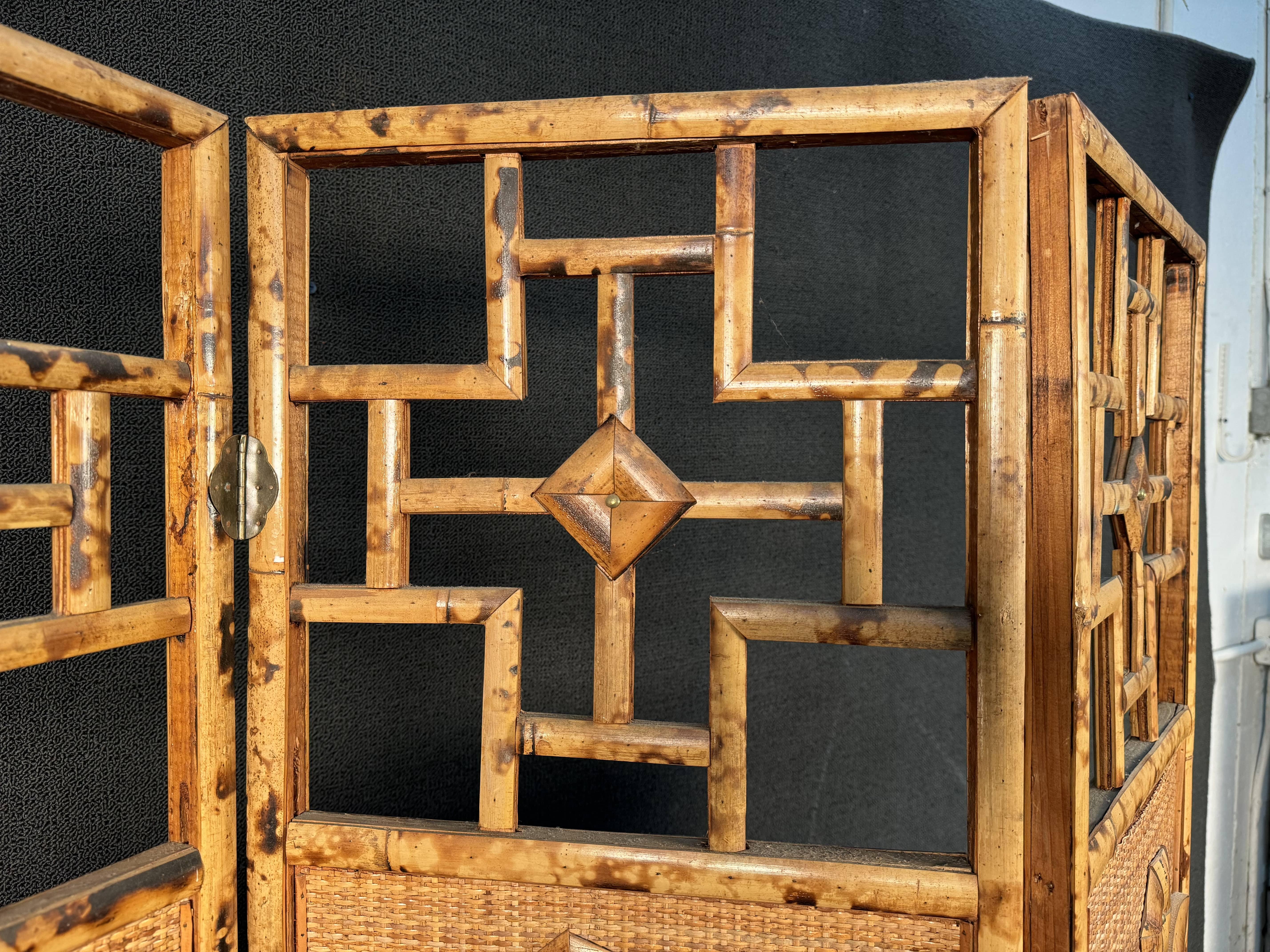 French Riviera Three Paneled Rattan & Bamboo Divider For Sale 1