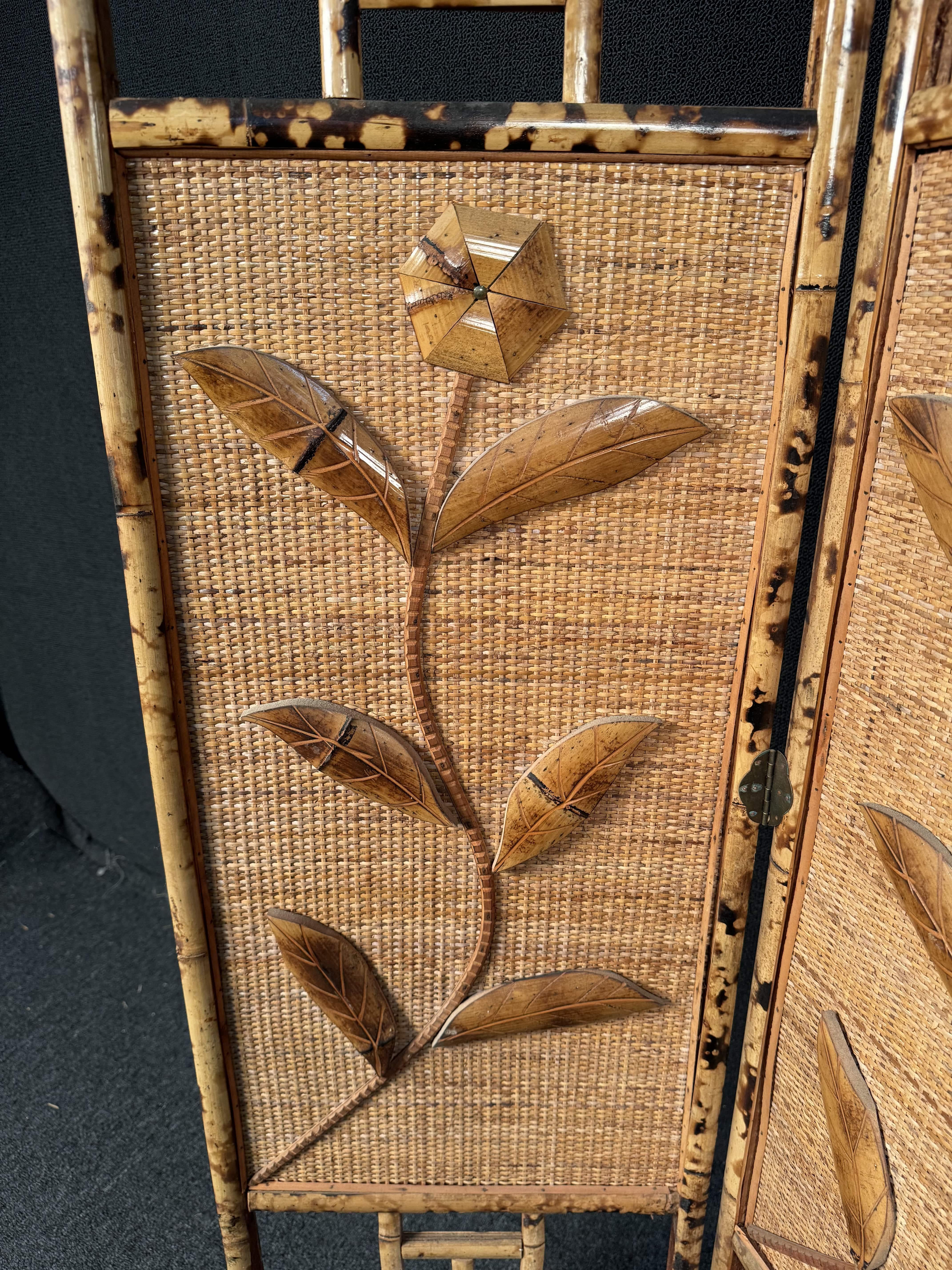 French Riviera Three Paneled Rattan & Bamboo Divider For Sale 2