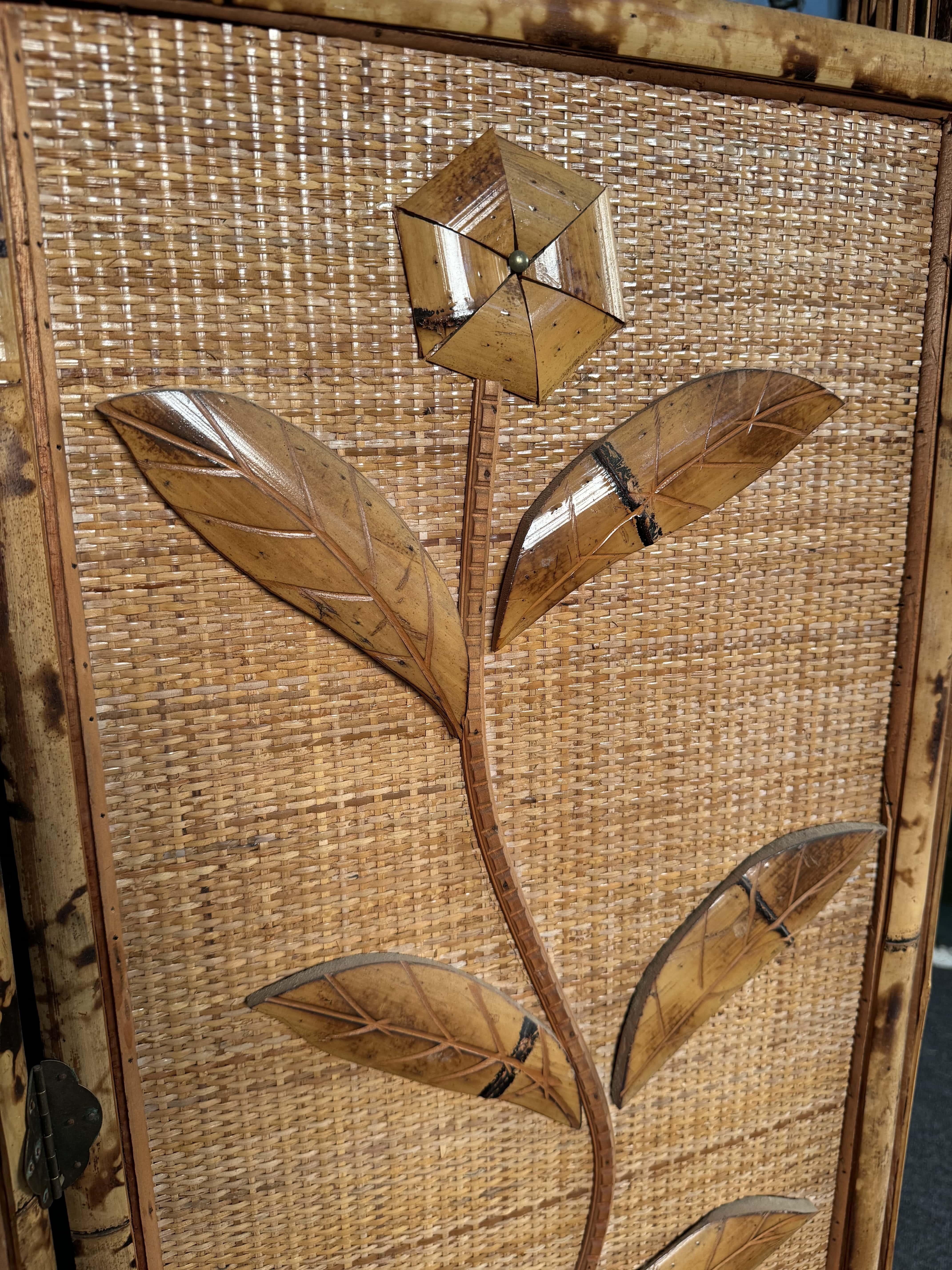 French Riviera Three Paneled Rattan & Bamboo Divider For Sale 3