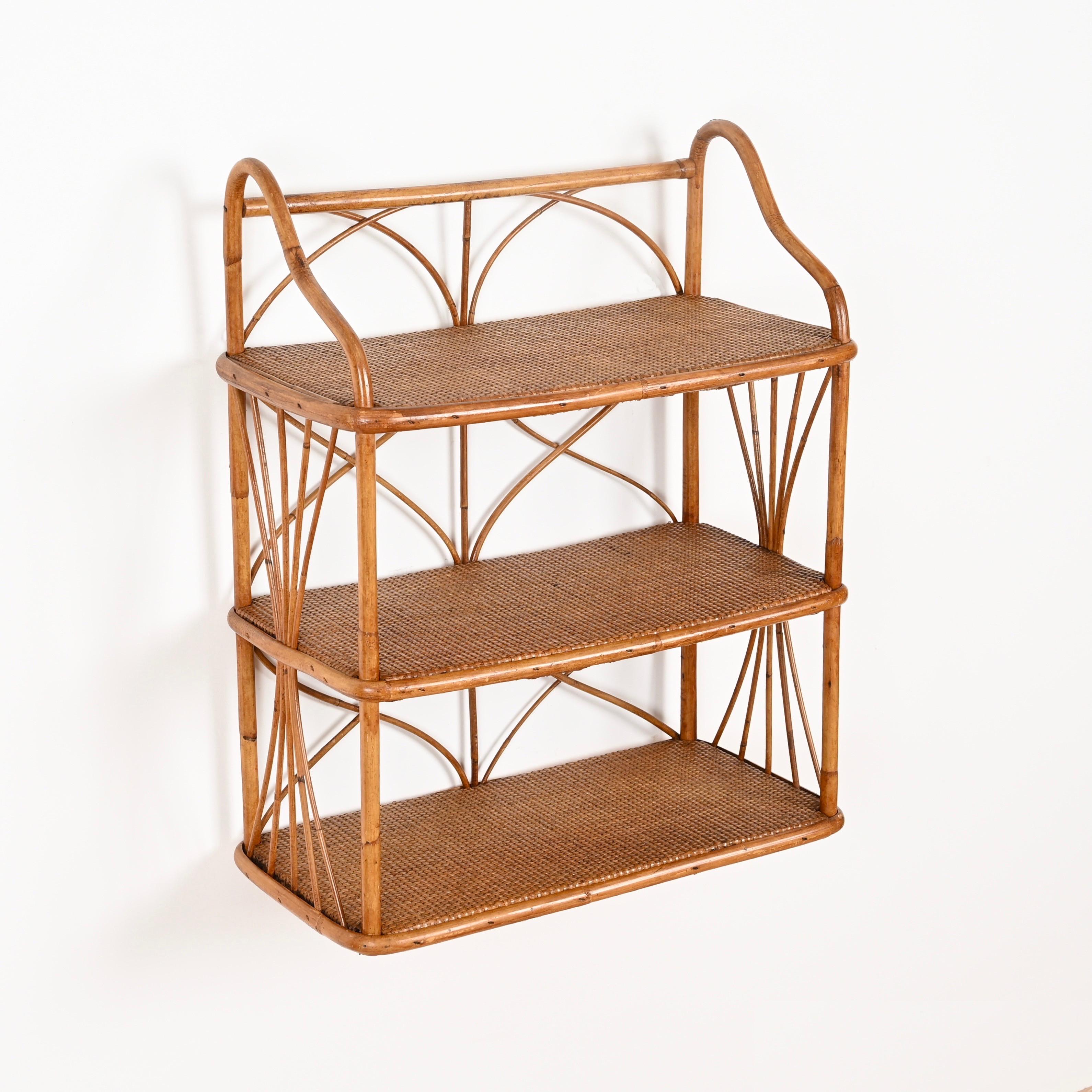 French Riviera Three-Tier Wall Shelf in Bamboo and Rattan, Italy 1960s 4