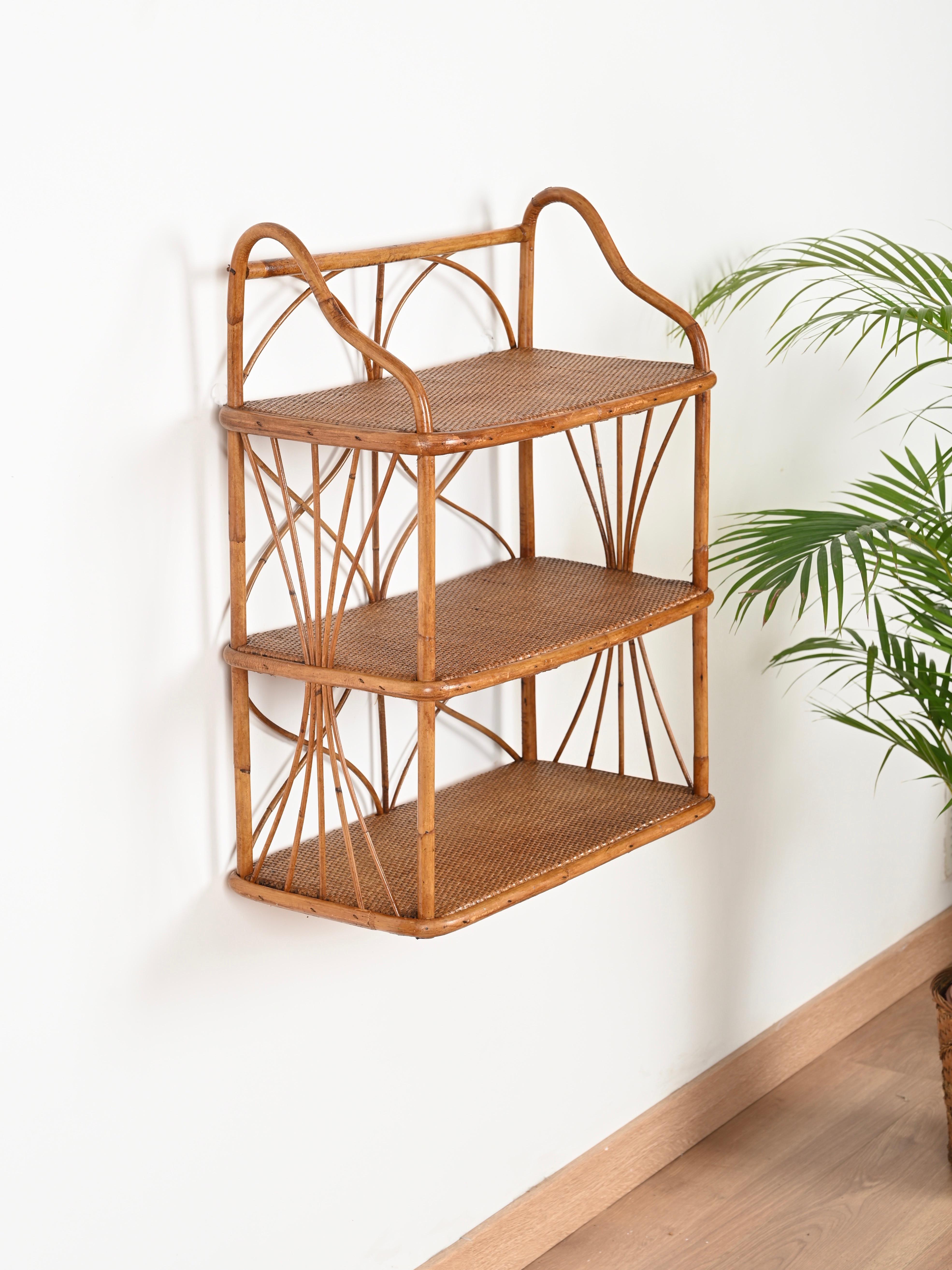 French Riviera Three-Tier Wall Shelf in Bamboo and Rattan, Italy 1960s 5