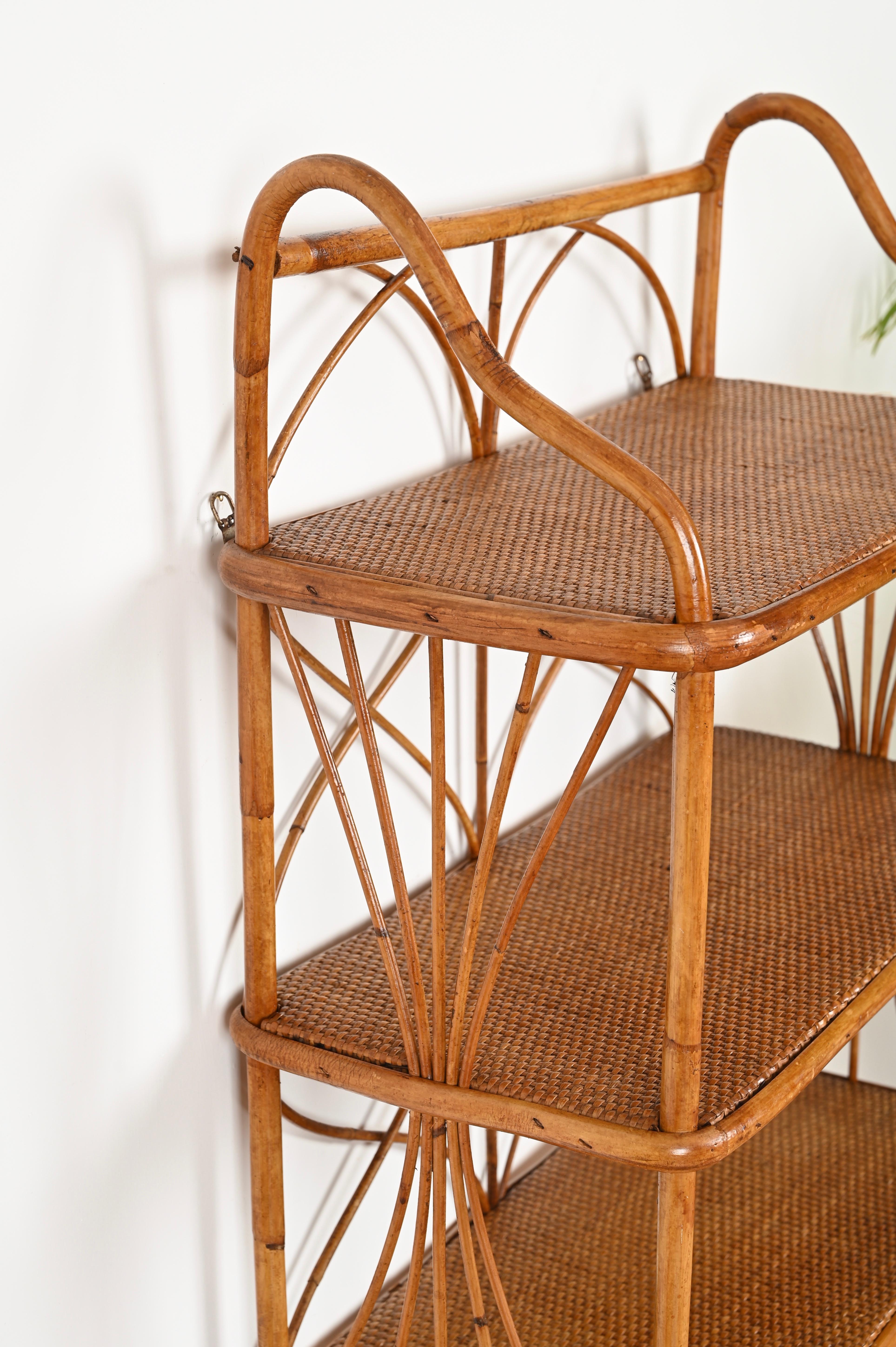 French Riviera Three-Tier Wall Shelf in Bamboo and Rattan, Italy 1960s 6