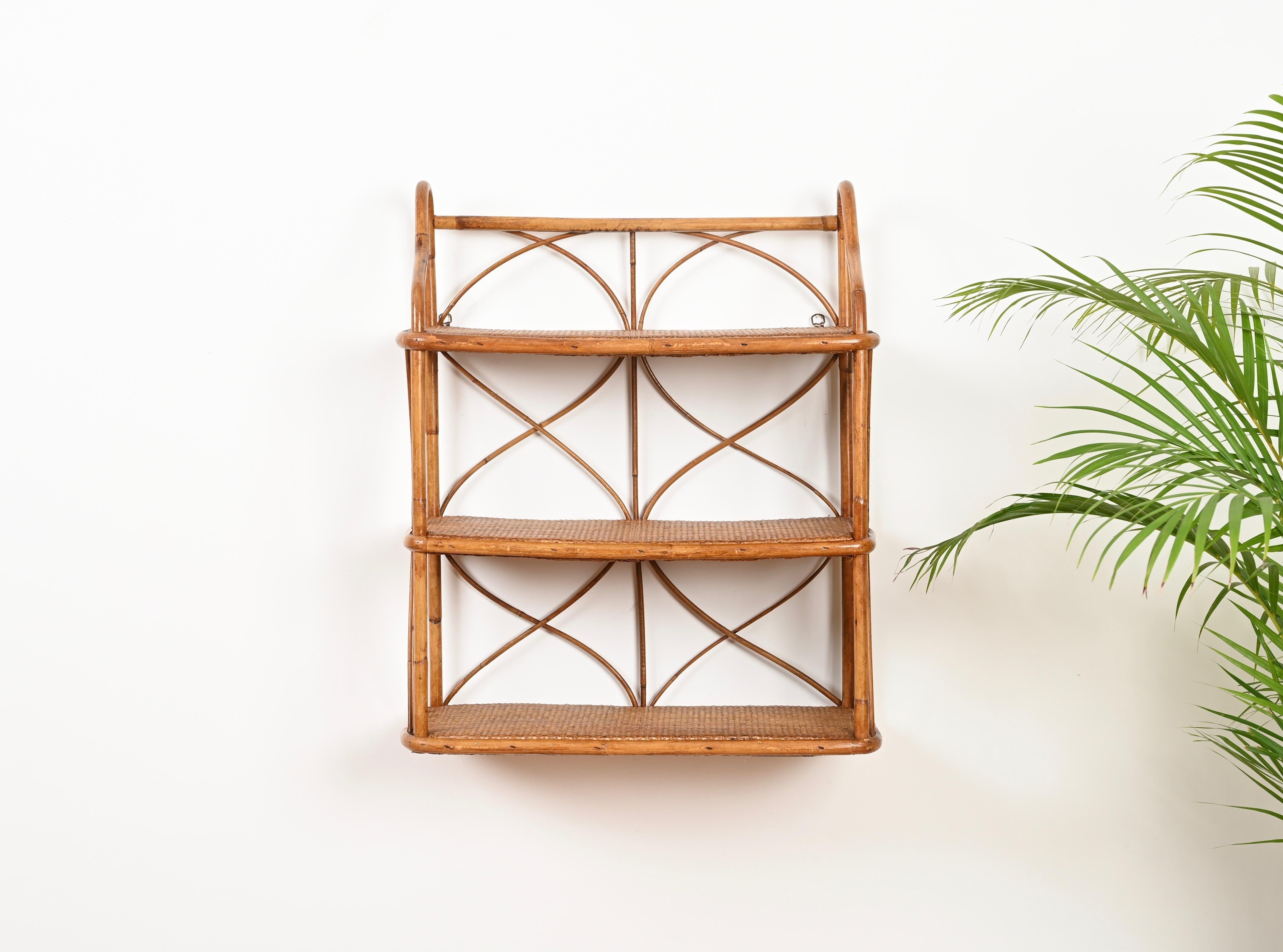 French Riviera Three-Tier Wall Shelf in Bamboo and Rattan, Italy 1960s 8