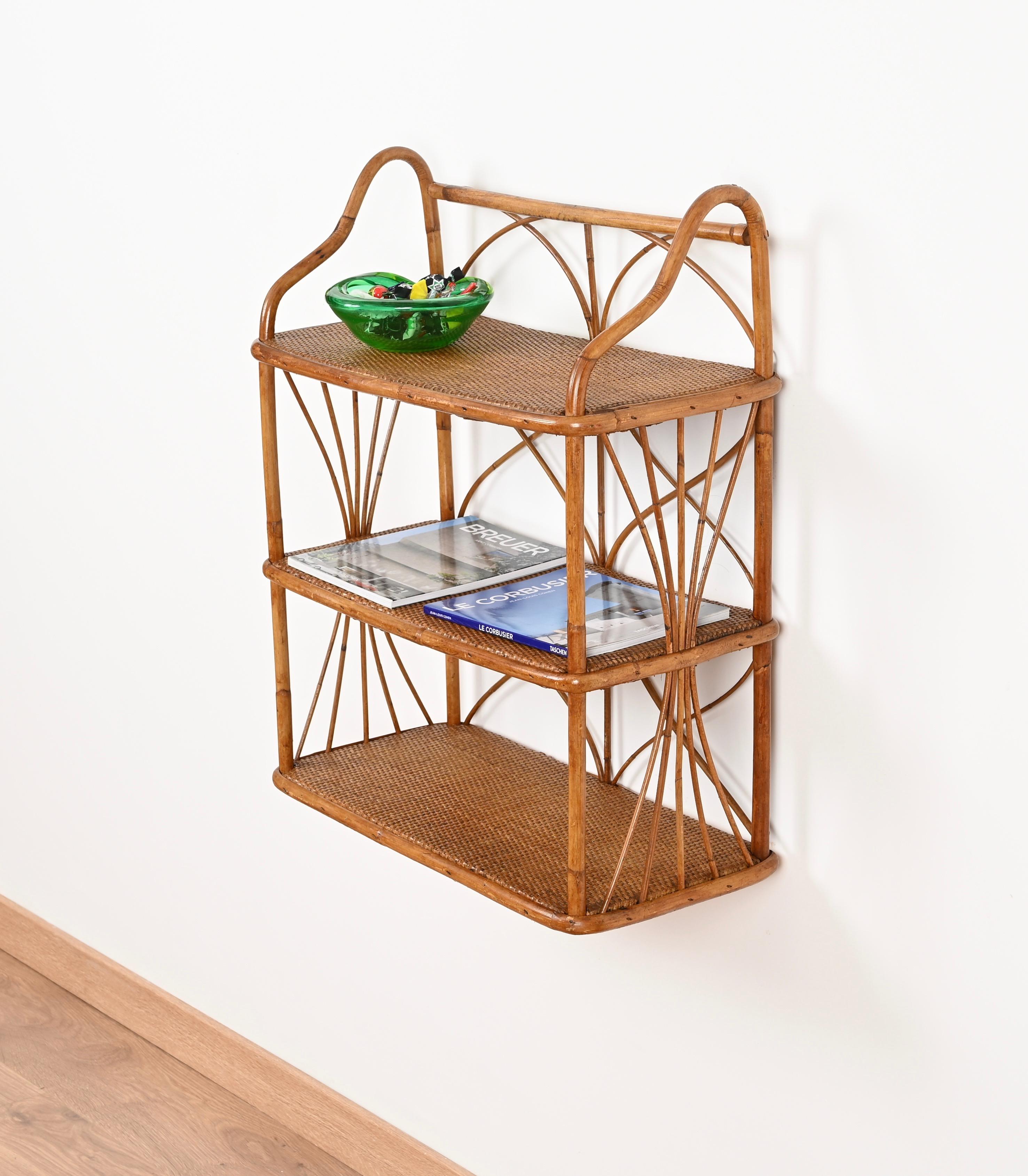 French Riviera Three-Tier Wall Shelf in Bamboo and Rattan, Italy 1960s 9