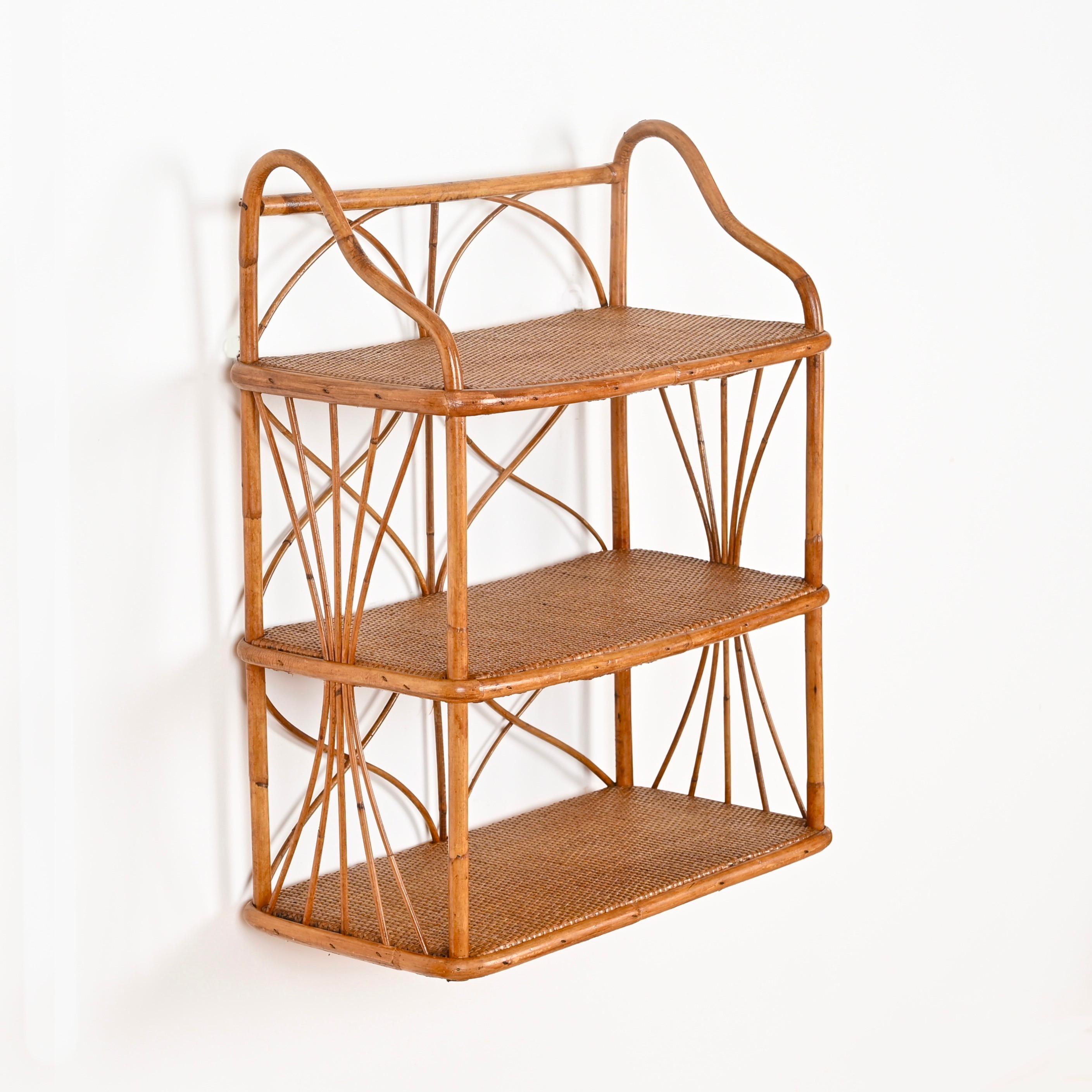 Mid-Century Modern French Riviera Three-Tier Wall Shelf in Bamboo and Rattan, Italy 1960s