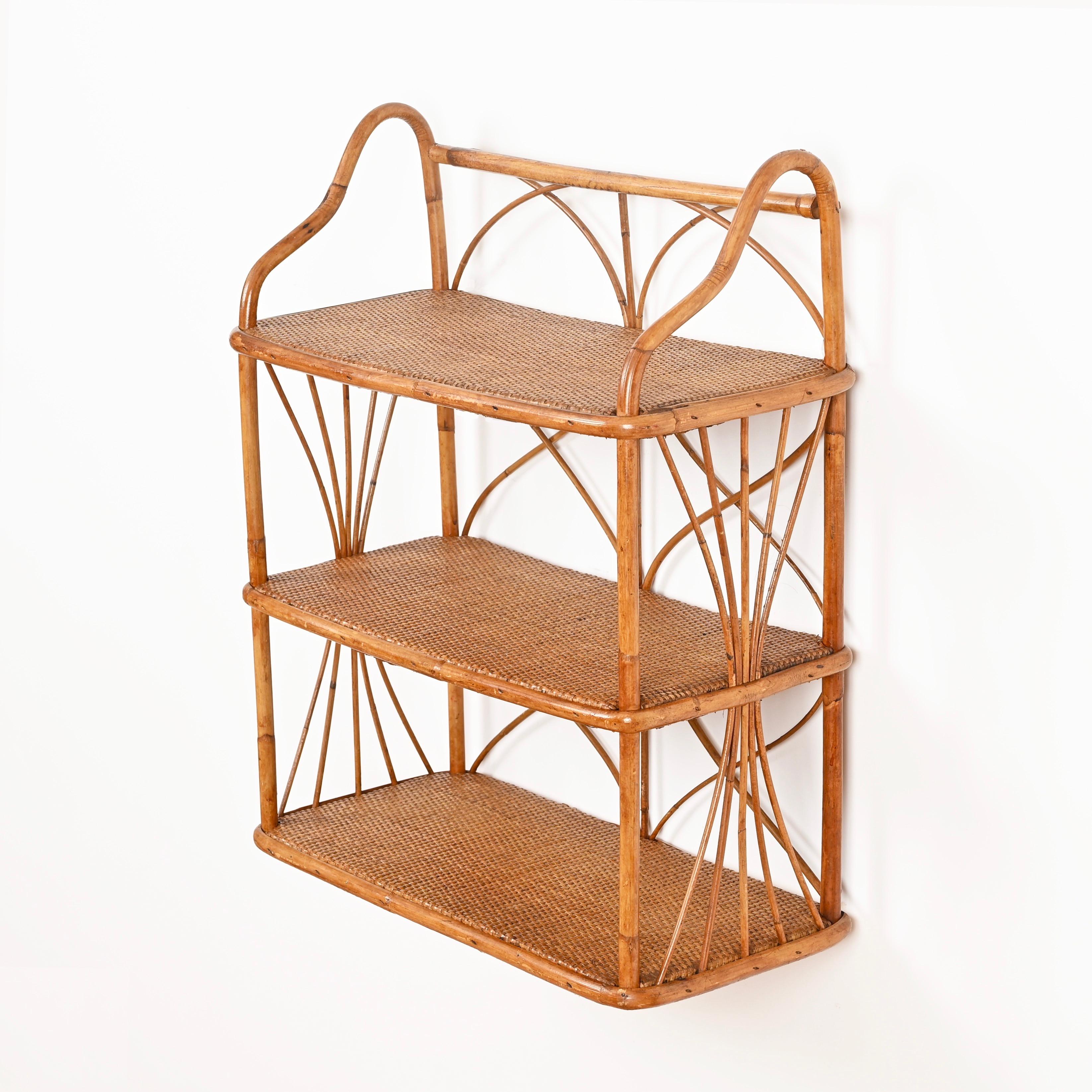 Italian French Riviera Three-Tier Wall Shelf in Bamboo and Rattan, Italy 1960s
