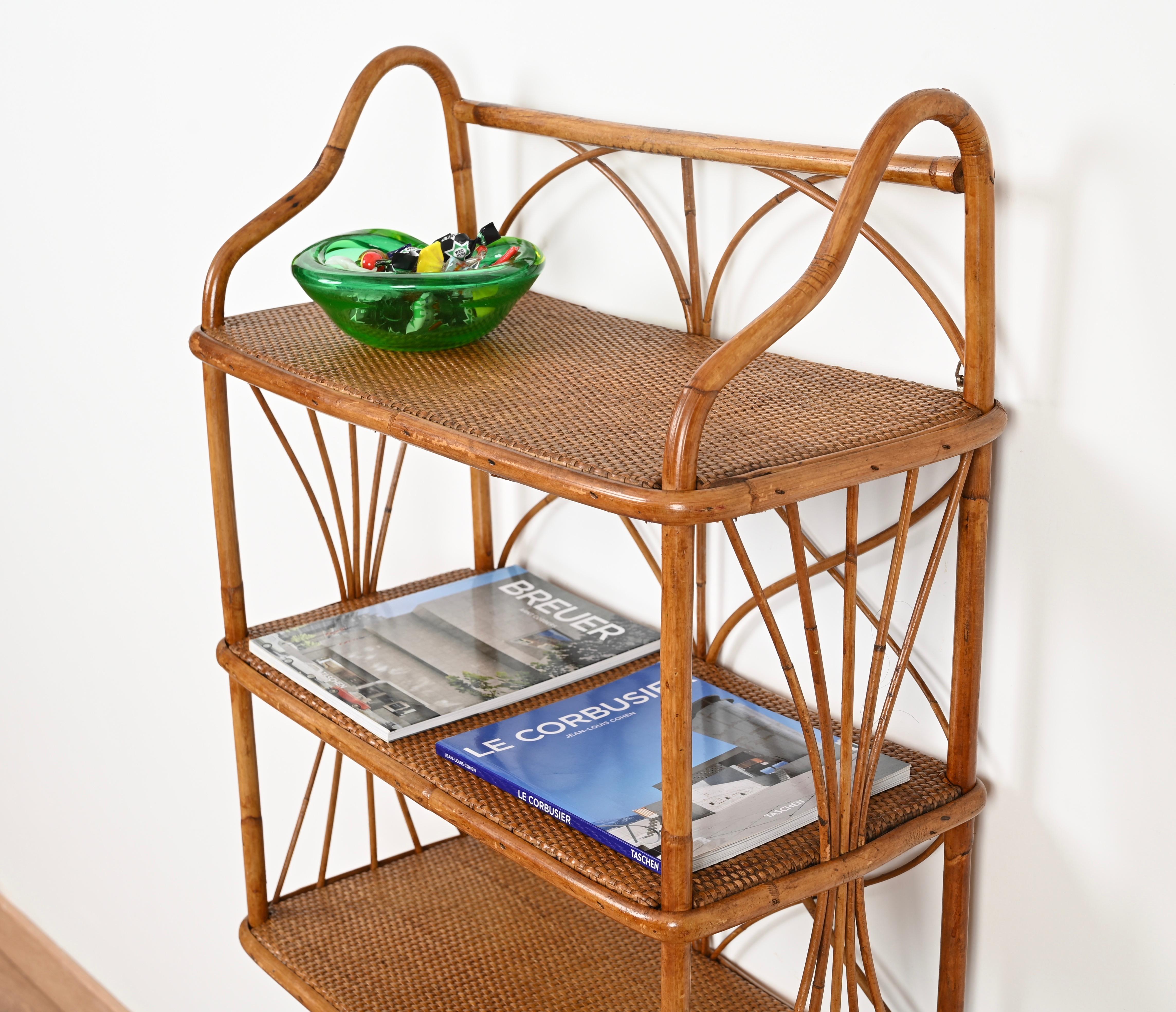 French Riviera Three-Tier Wall Shelf in Bamboo and Rattan, Italy 1960s In Good Condition In Roma, IT