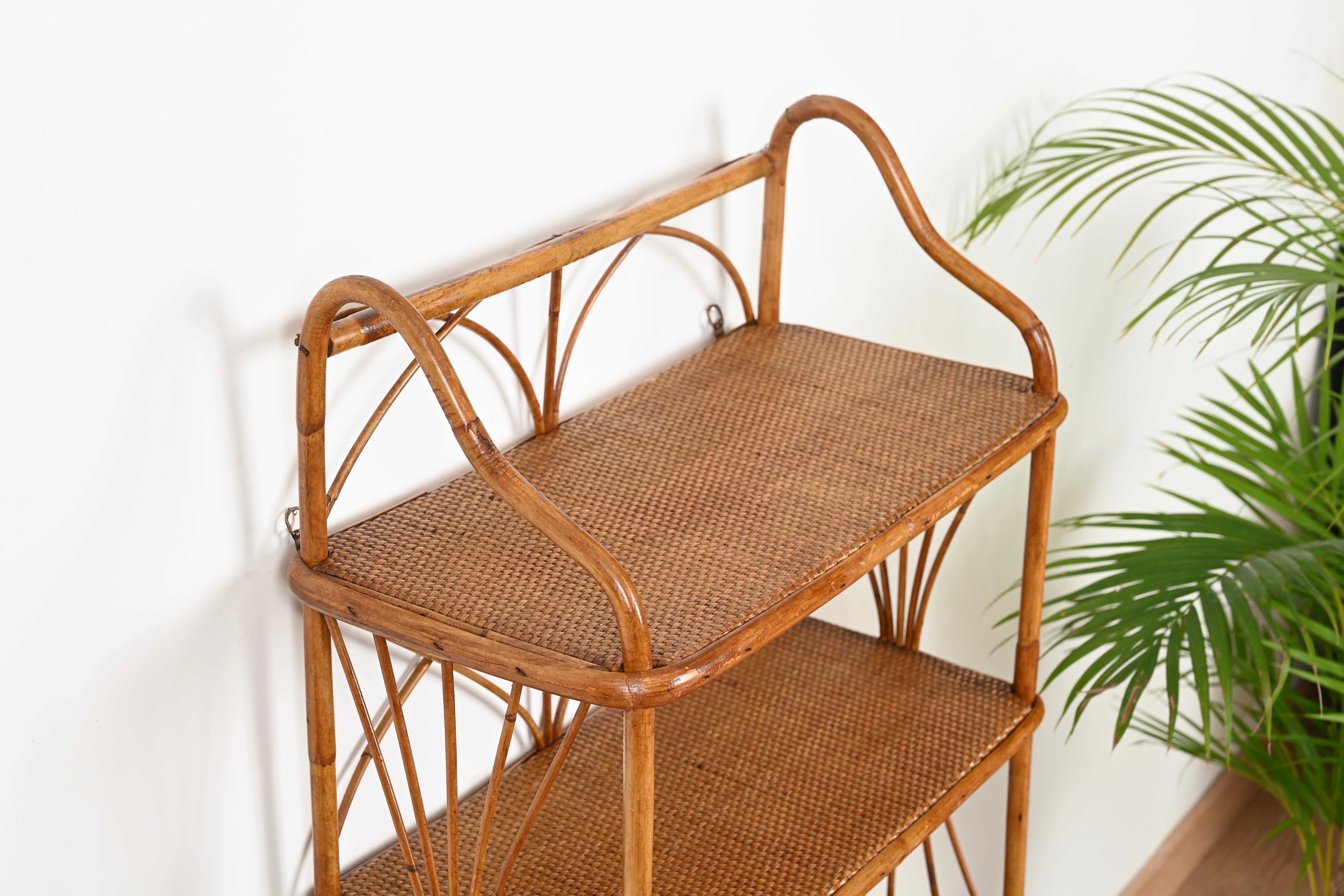 20th Century French Riviera Three-Tier Wall Shelf in Bamboo and Rattan, Italy 1960s