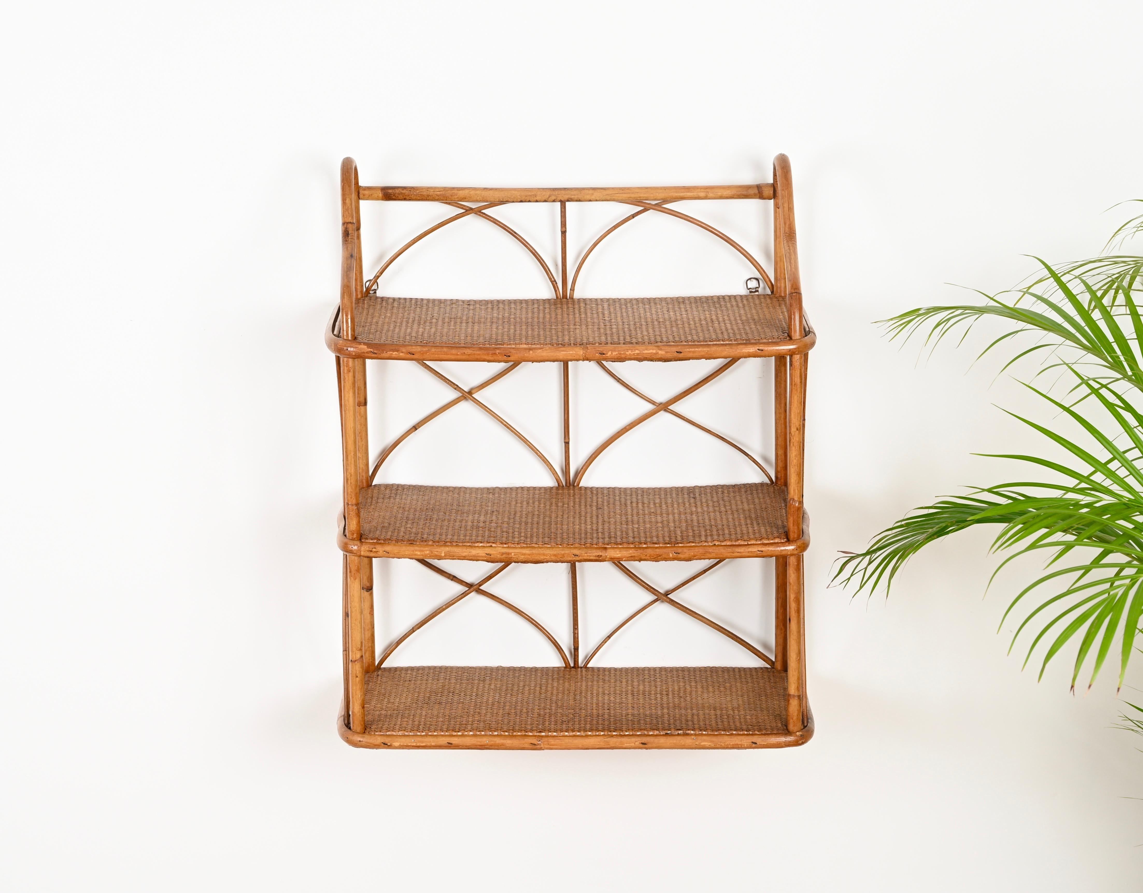 French Riviera Three-Tier Wall Shelf in Bamboo and Rattan, Italy 1960s 2
