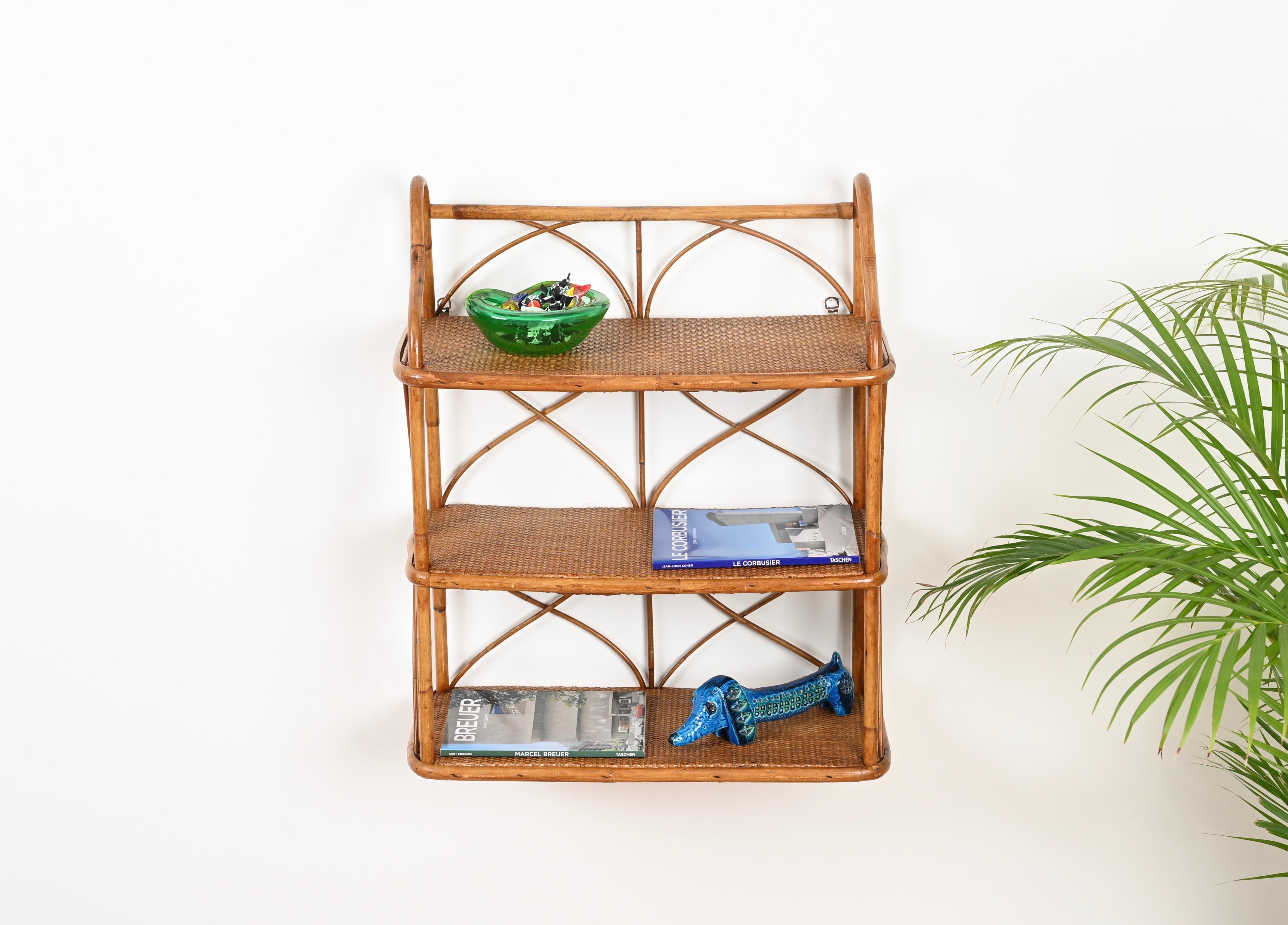 French Riviera Three-Tier Wall Shelf in Bamboo and Rattan, Italy 1960s 3