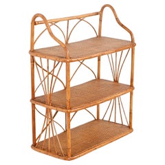 French Riviera Three-Tier Wall Shelf in Bamboo and Rattan, Italy 1960s