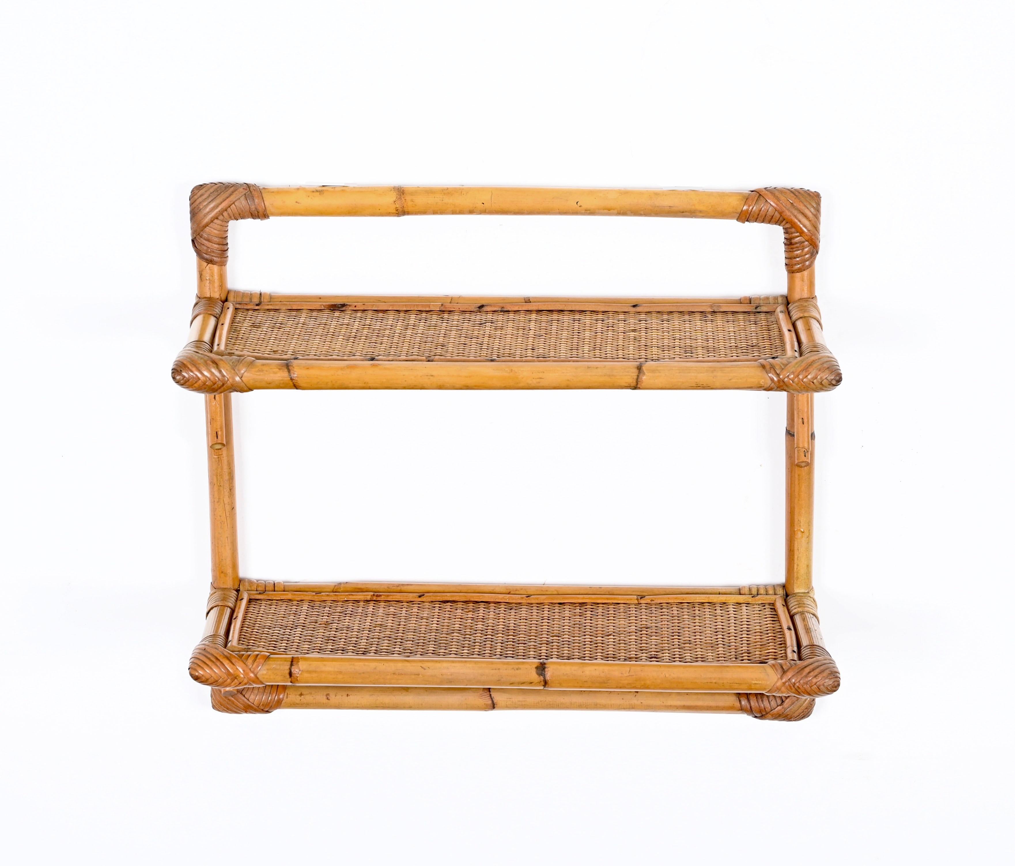 French Riviera Two-Tier Wall Shelf in Rattan and Bamboo, Italy 1970s For Sale 3
