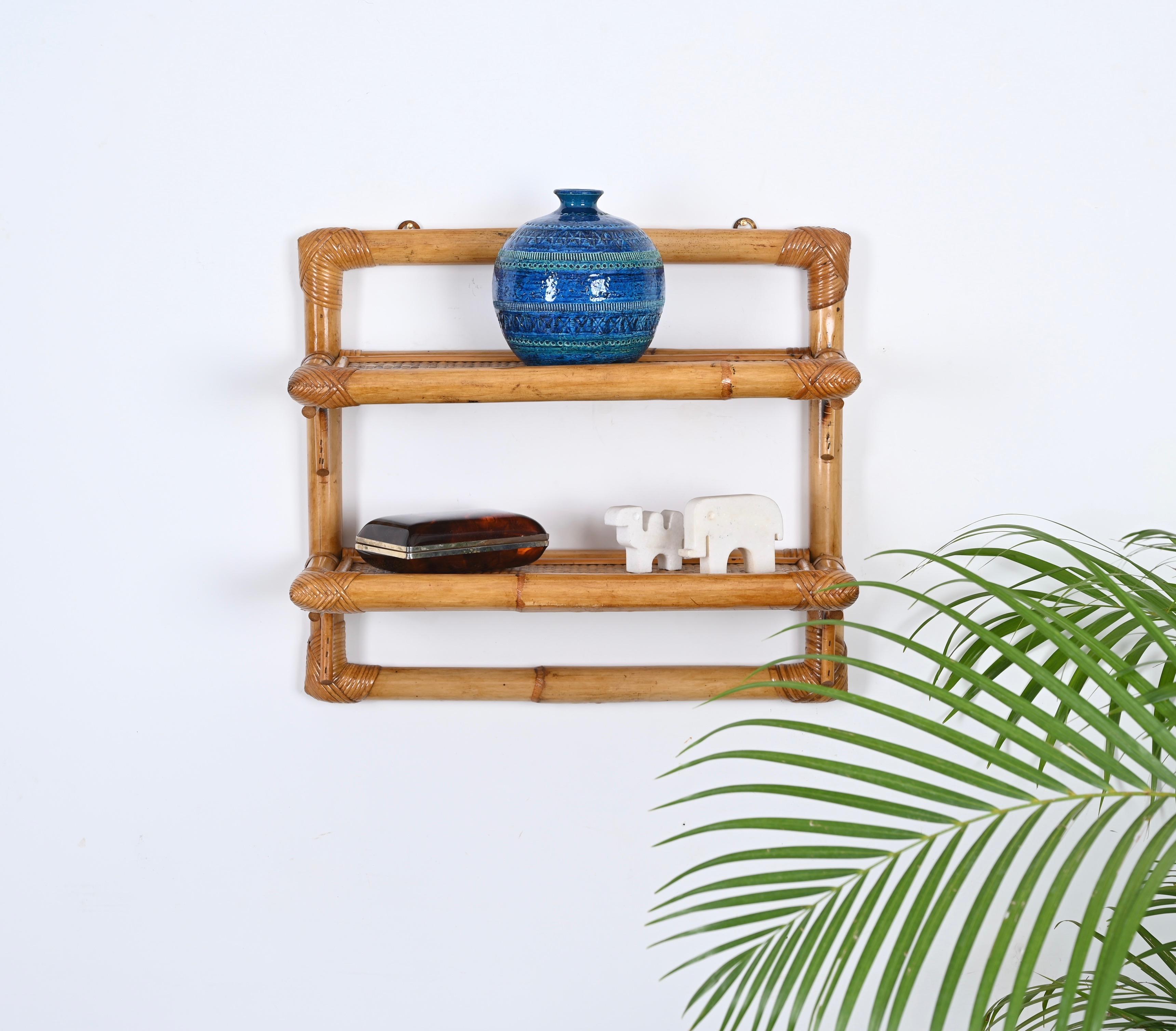 French Riviera Two-Tier Wall Shelf in Rattan and Bamboo, Italy 1970s 5