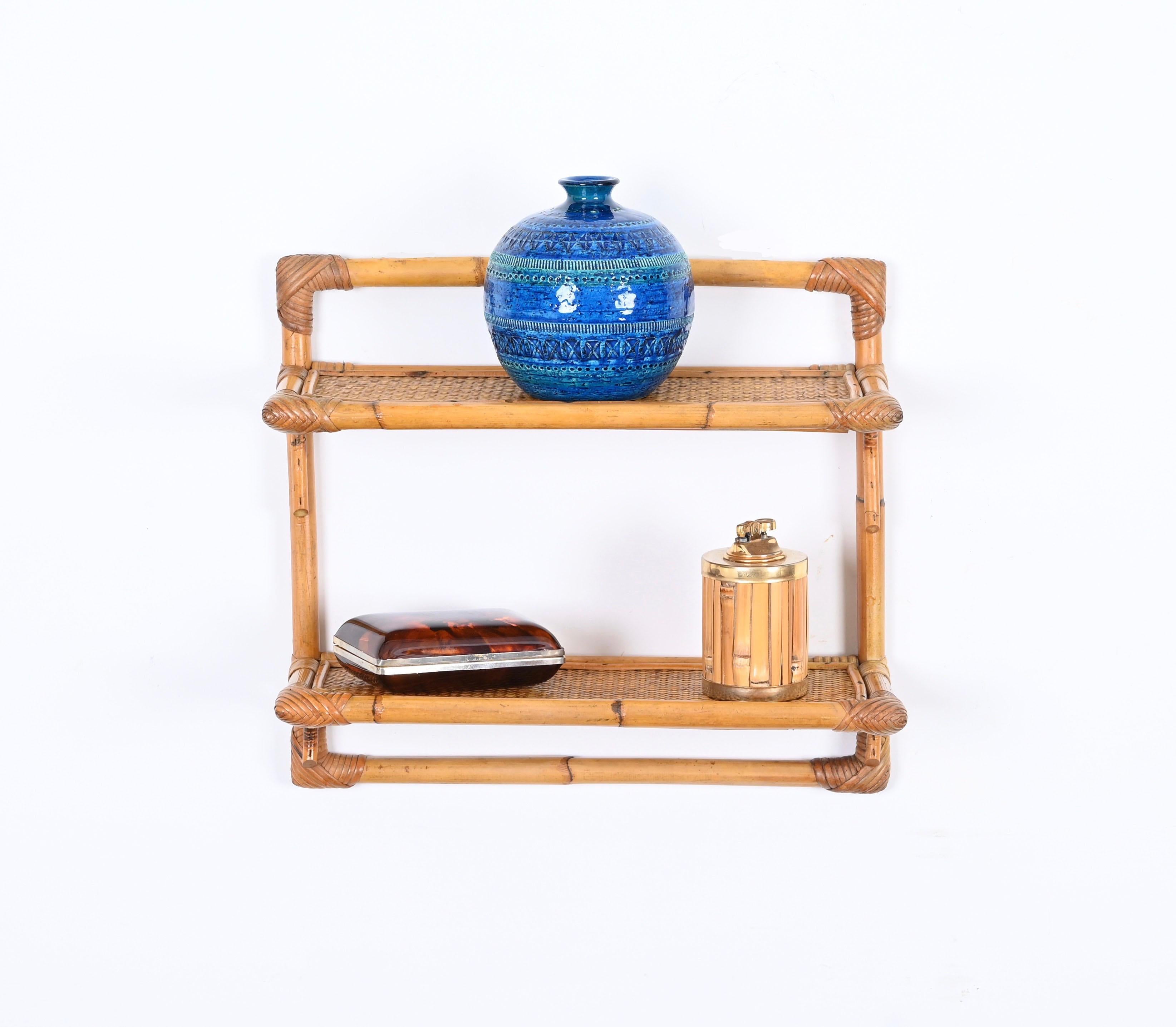 French Riviera Two-Tier Wall Shelf in Rattan and Bamboo, Italy 1970s For Sale 7