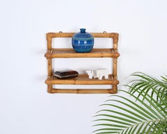 French Riviera Two-Tier Wall Shelf in Rattan and Bamboo, Italy 1970s