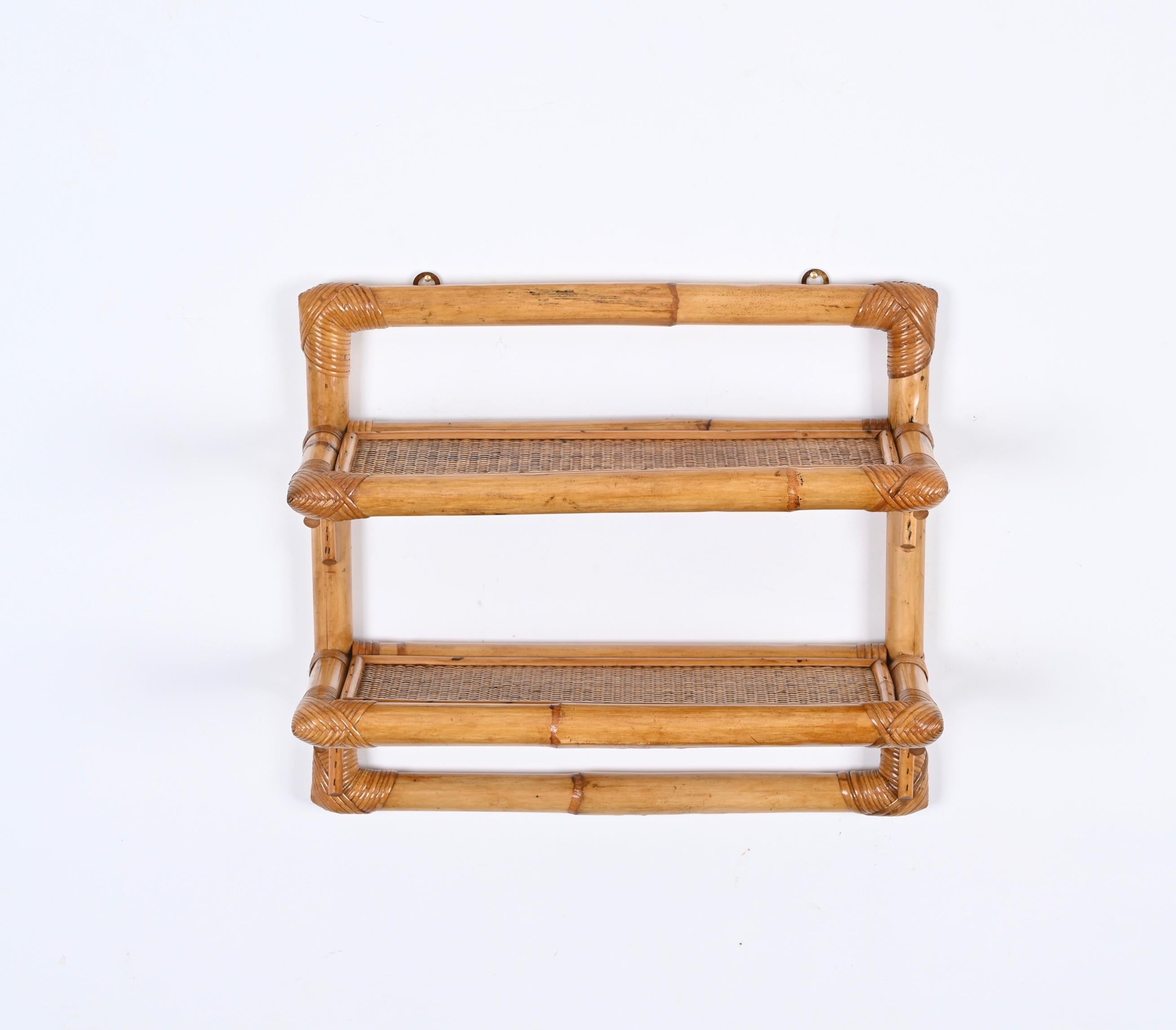 Italian French Riviera Two-Tier Wall Shelf in Rattan and Bamboo, Italy 1970s