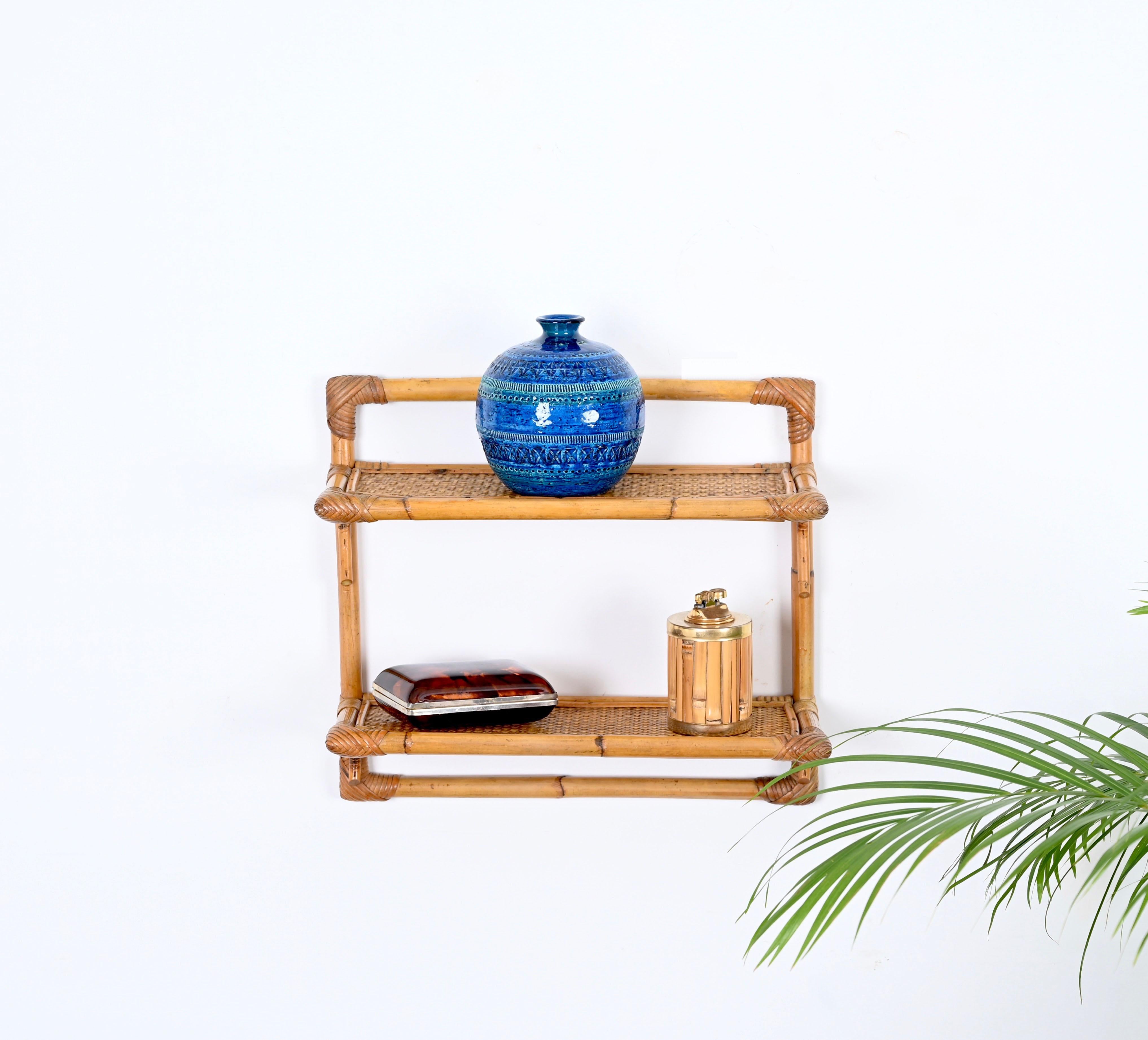 Italian French Riviera Two-Tier Wall Shelf in Rattan and Bamboo, Italy 1970s For Sale